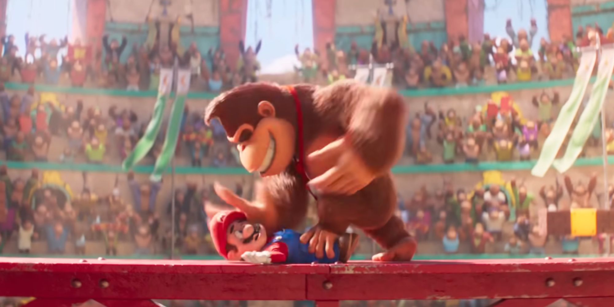 Donkey Kong attacks Mario in a colosseum full of spectators