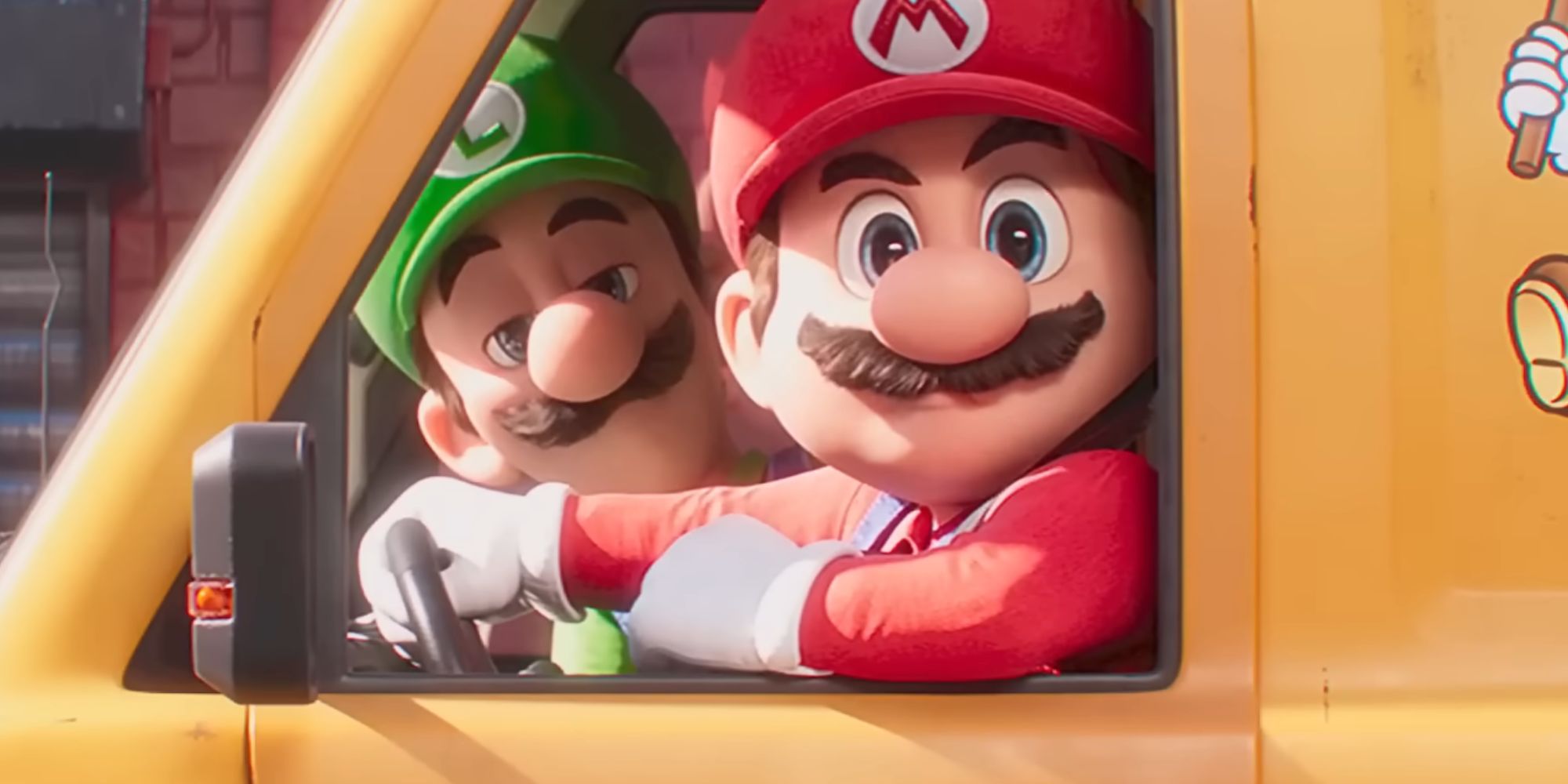 Mario and Luigi looking out the window of a van
