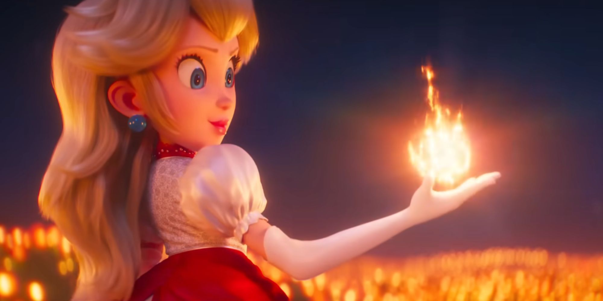 Princess Peach holds a fireball in her hand in a field of Fire Flowers
