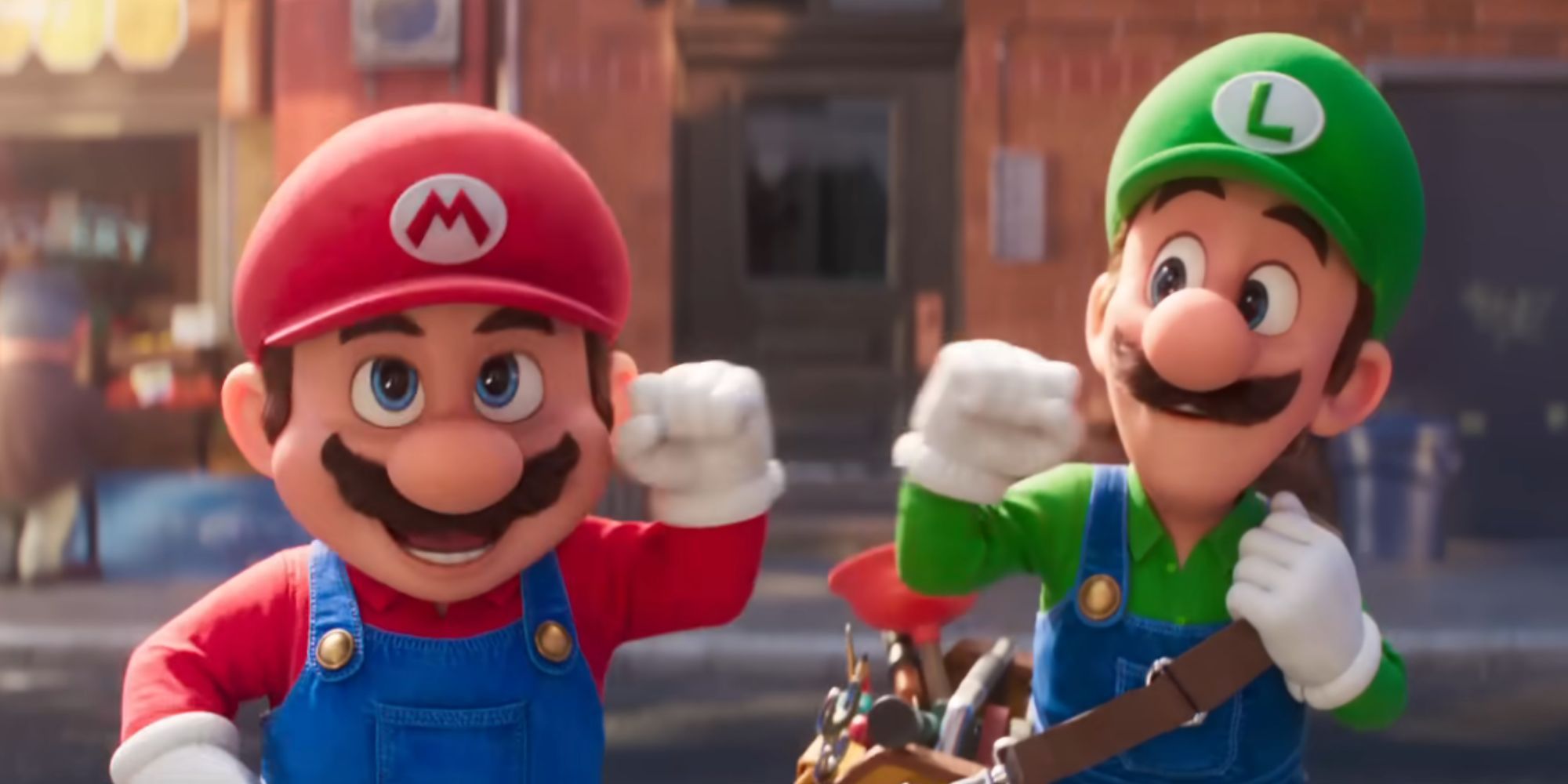 Mario and Luigi bump fists on the streets of Brooklyn