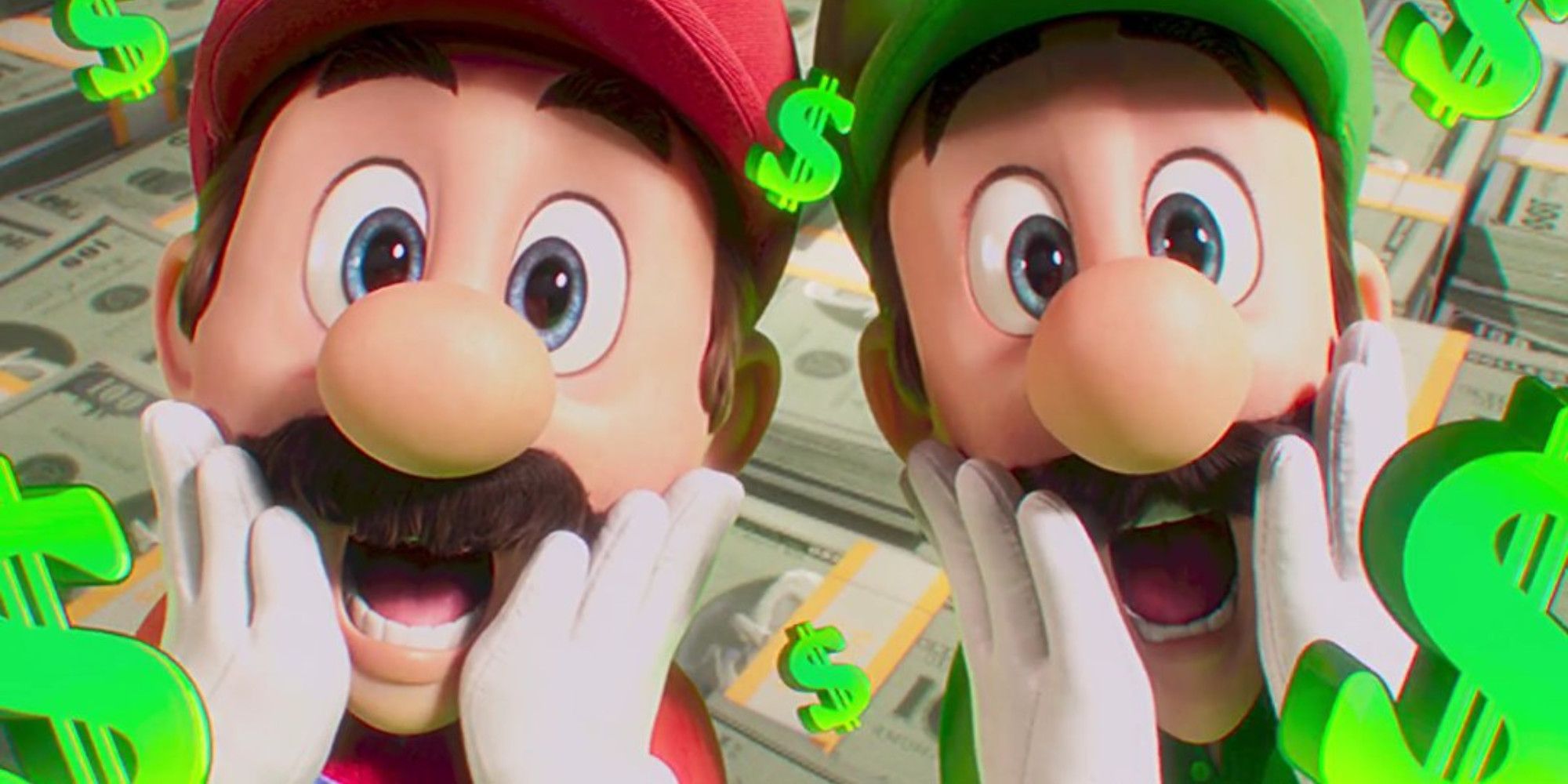 Mario and Luigi from the Super Mario Bros Movie in front of a pile of money