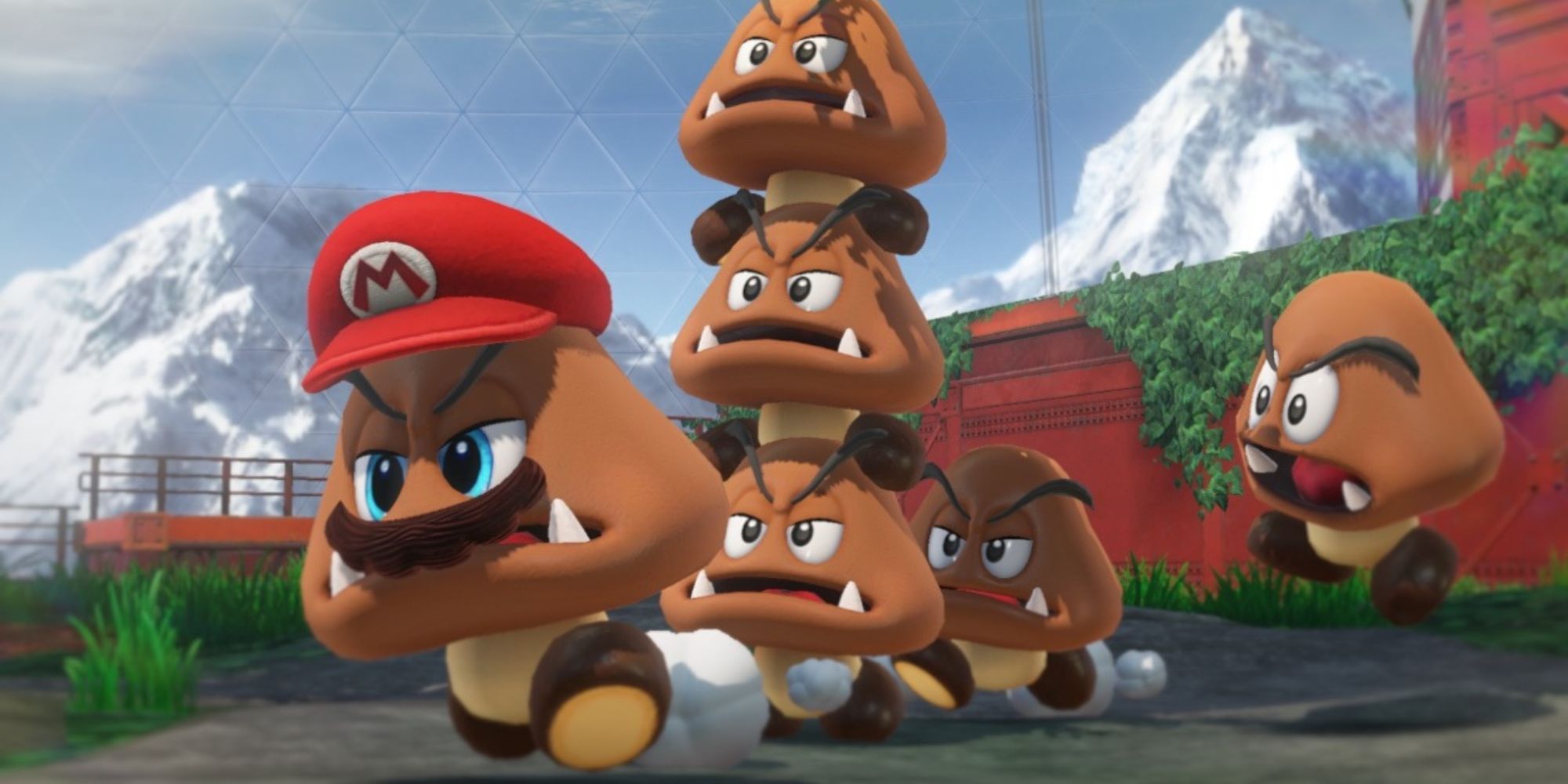 Goomba Mario runs away from other Goombas at Steam Gardens in Super Mario Odyssey