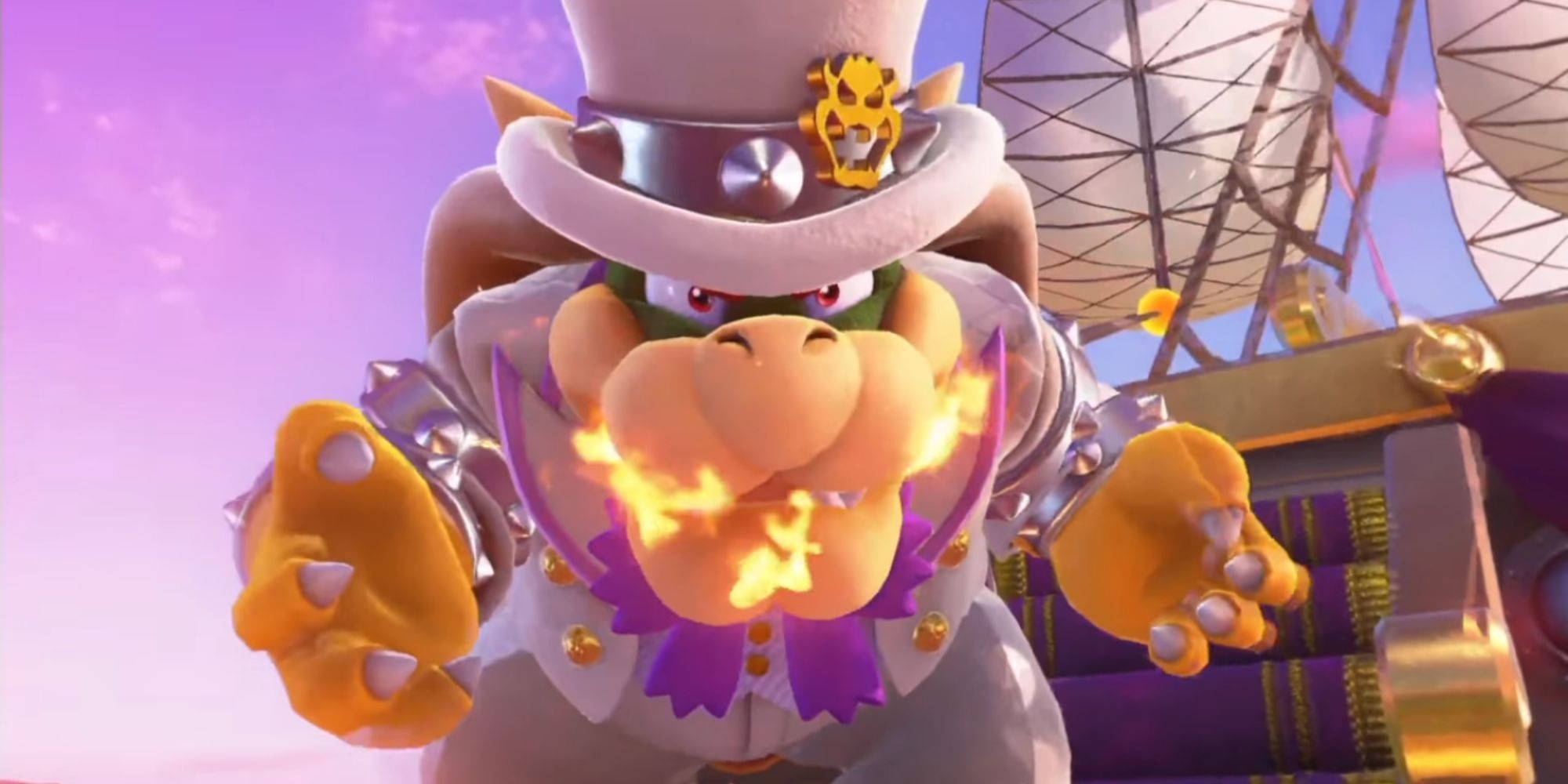 Wedding Outfit Bowser prepares to unleash a fire attack on his ship