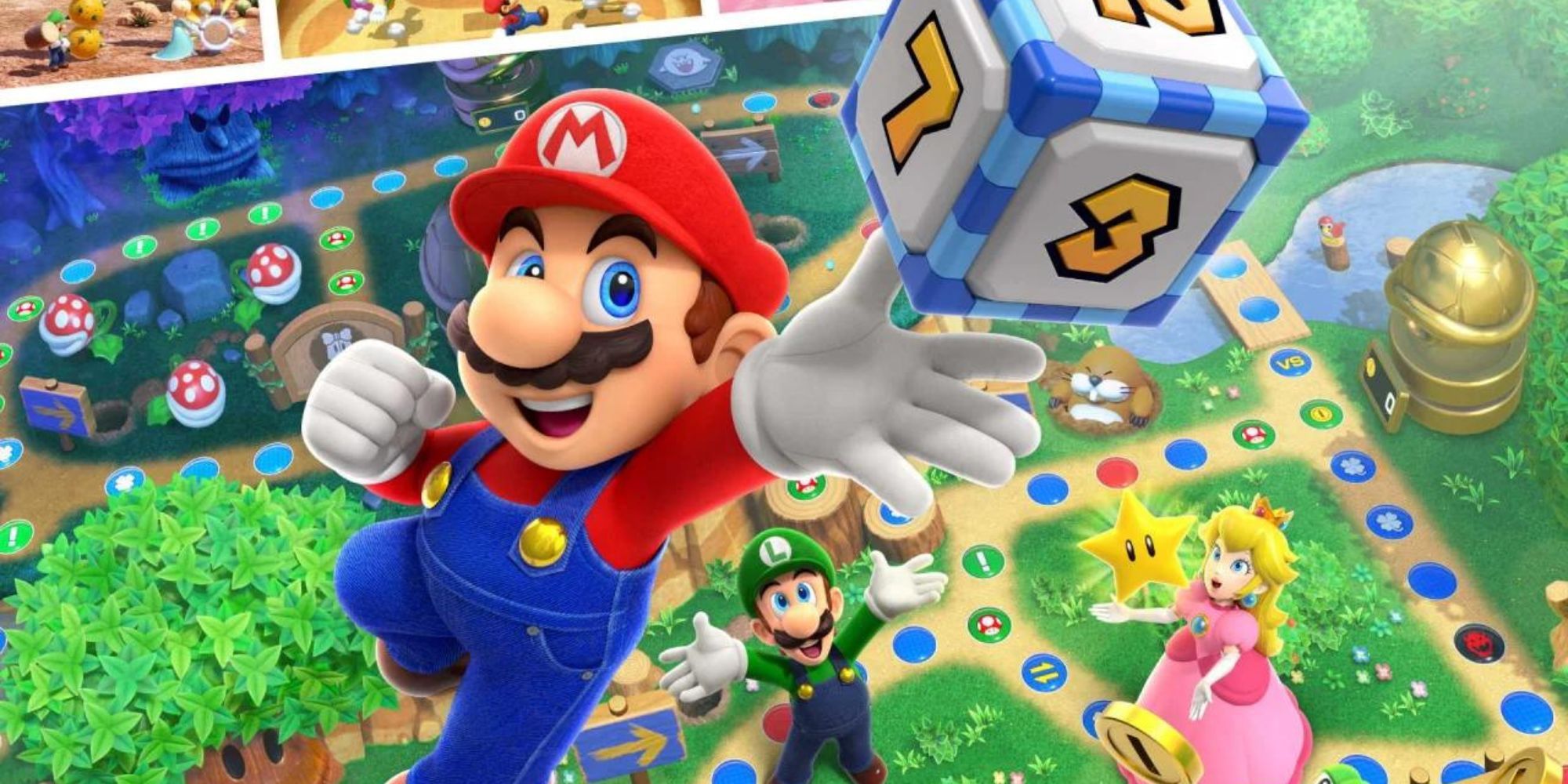 Mario prepares to roll a dice while Luigi and Princess Peach stand on the board beneath him in Super Mario Party