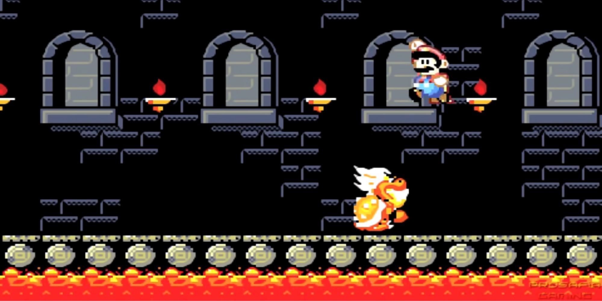 Mario jumps over Ludwig on a bridge over lava