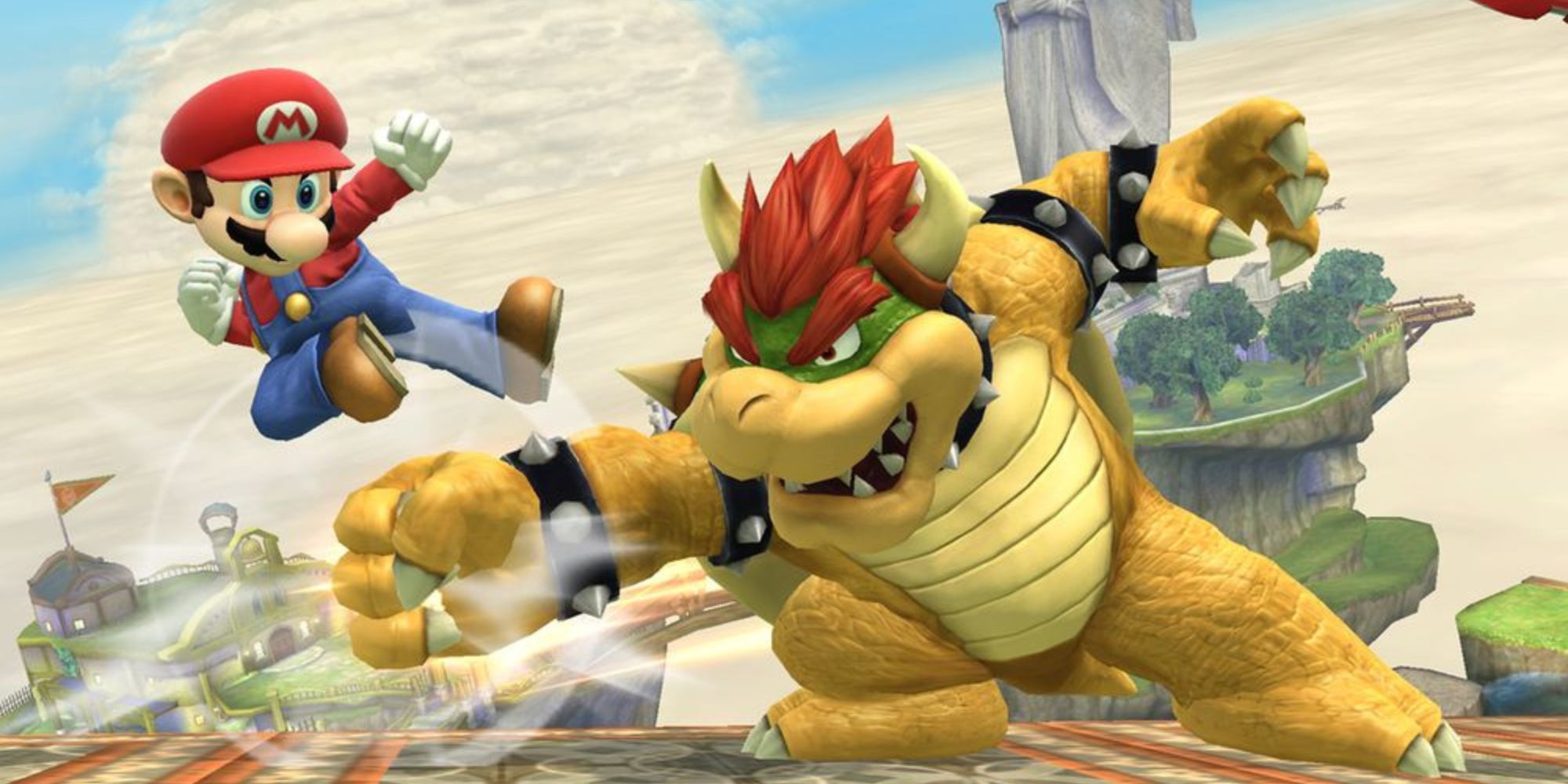 Mario jumps and kicks Bowser while Bowser tries to punch Mario in Super Smash Bros. Ultimate