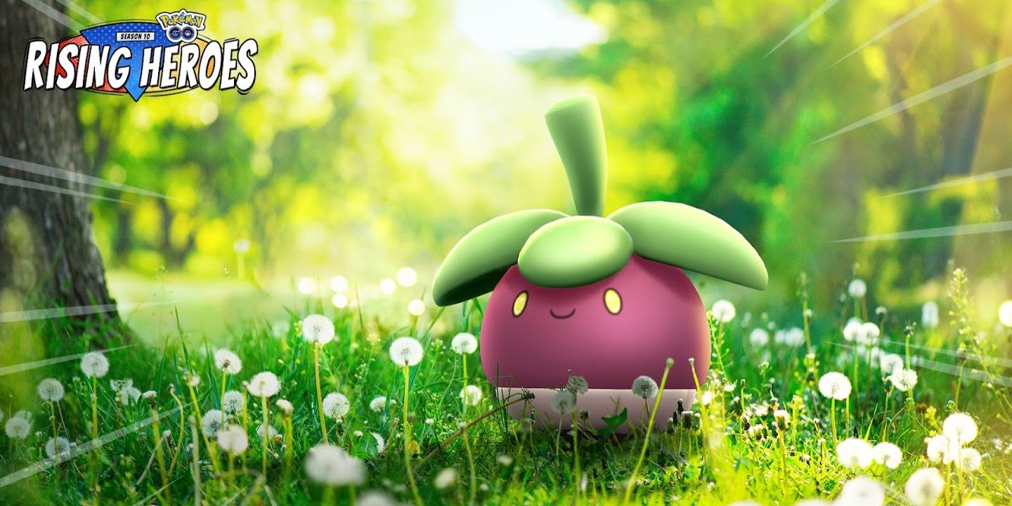 Image of Bounsweet in a grassy field, with the Pokemon Go Rising Heroes logo in the top left
