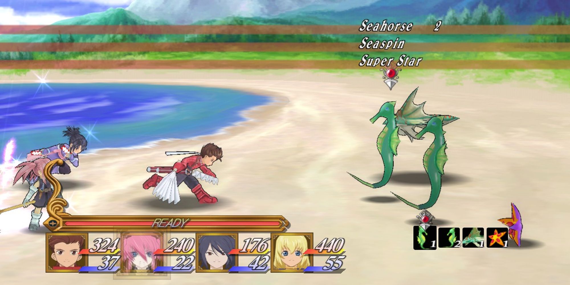 The party engaging aquatic enemies in Tales Of Symphonia.