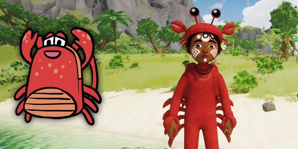 tchia wearing crab outfit by the beach