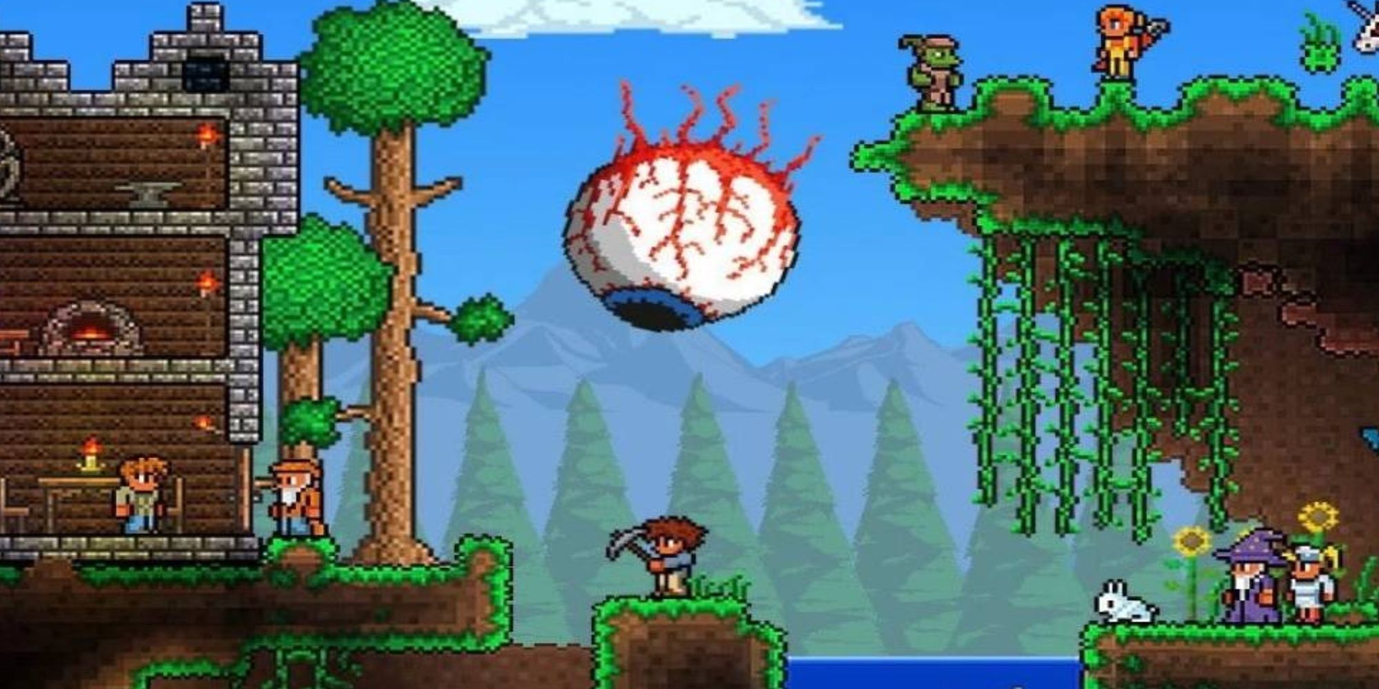 Terraria cropped cover art giant eye falling on main character