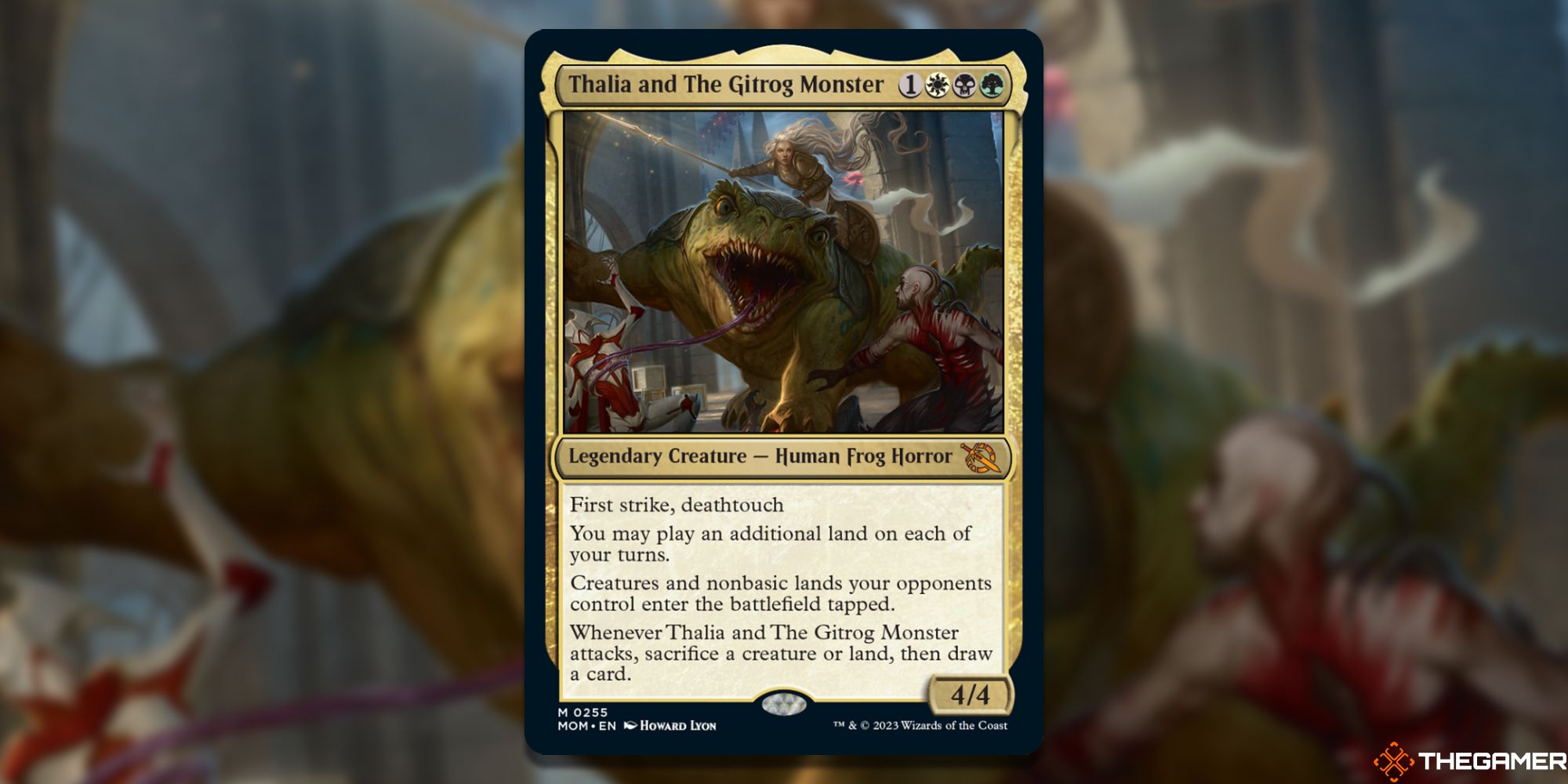 Image of the Thalia and the Gitrog Monster card in Magic: The Gathering, with art by Howard Lyon