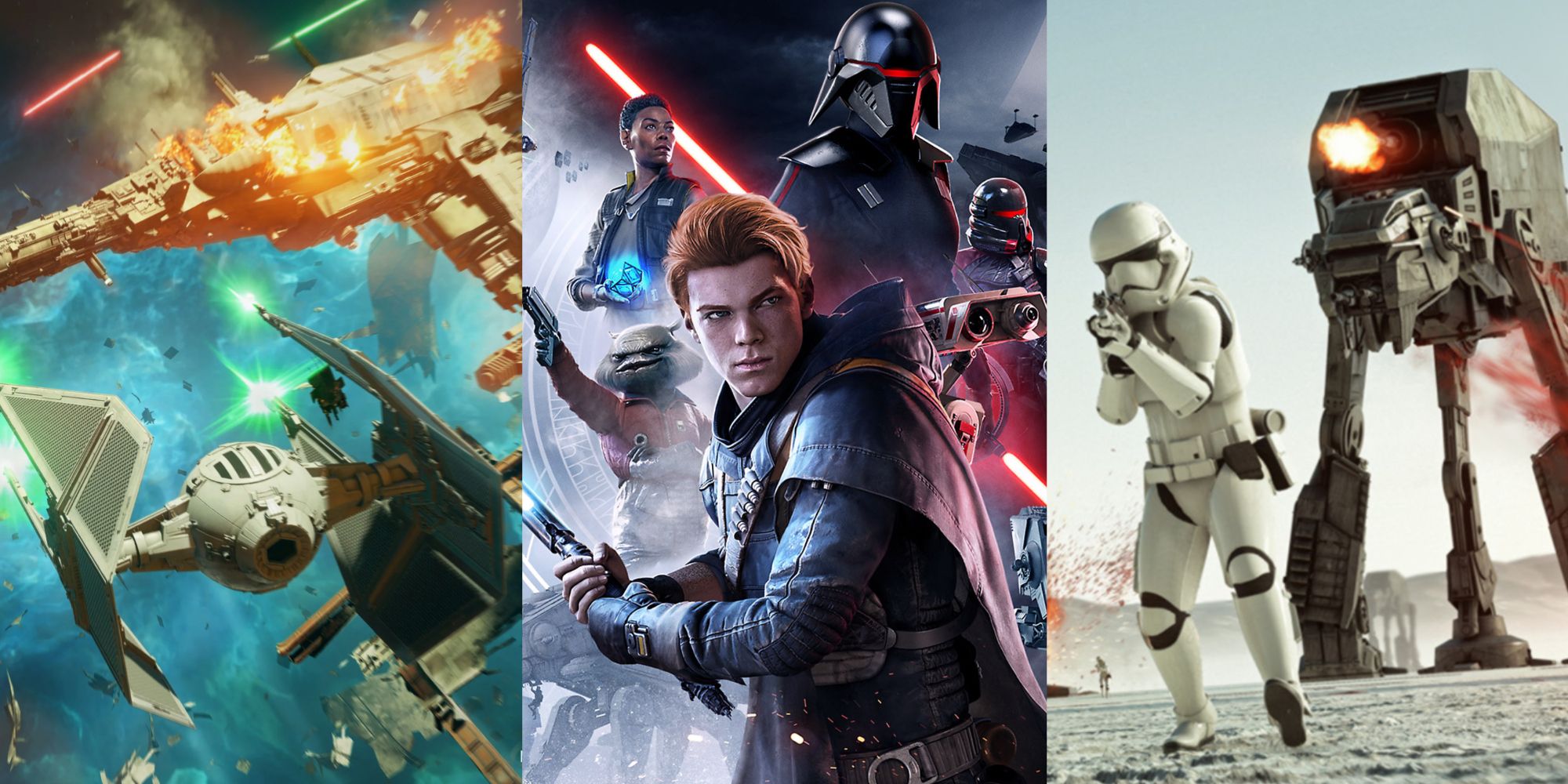 Collage of several Star Wars Games, featuring Star Wars Squadrons, Star Wars Jedi Fallen Order, and Star Wars Battlefront 2.