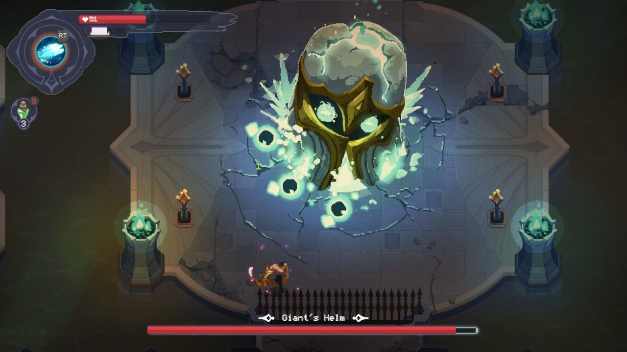 The Giant's Helm prepares ice blasts while Sylas runs toward the right in The Mageseeker: A League Of Legends Story.