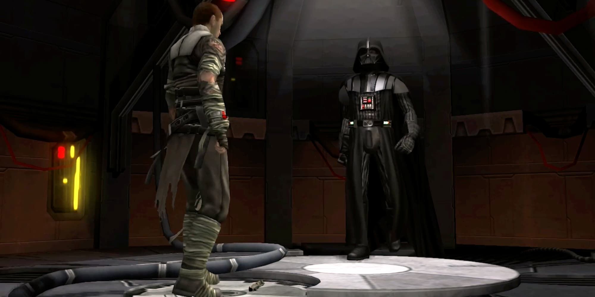 Starkiller stands before Darth Vader in Star Wars: The Force Unleashed.