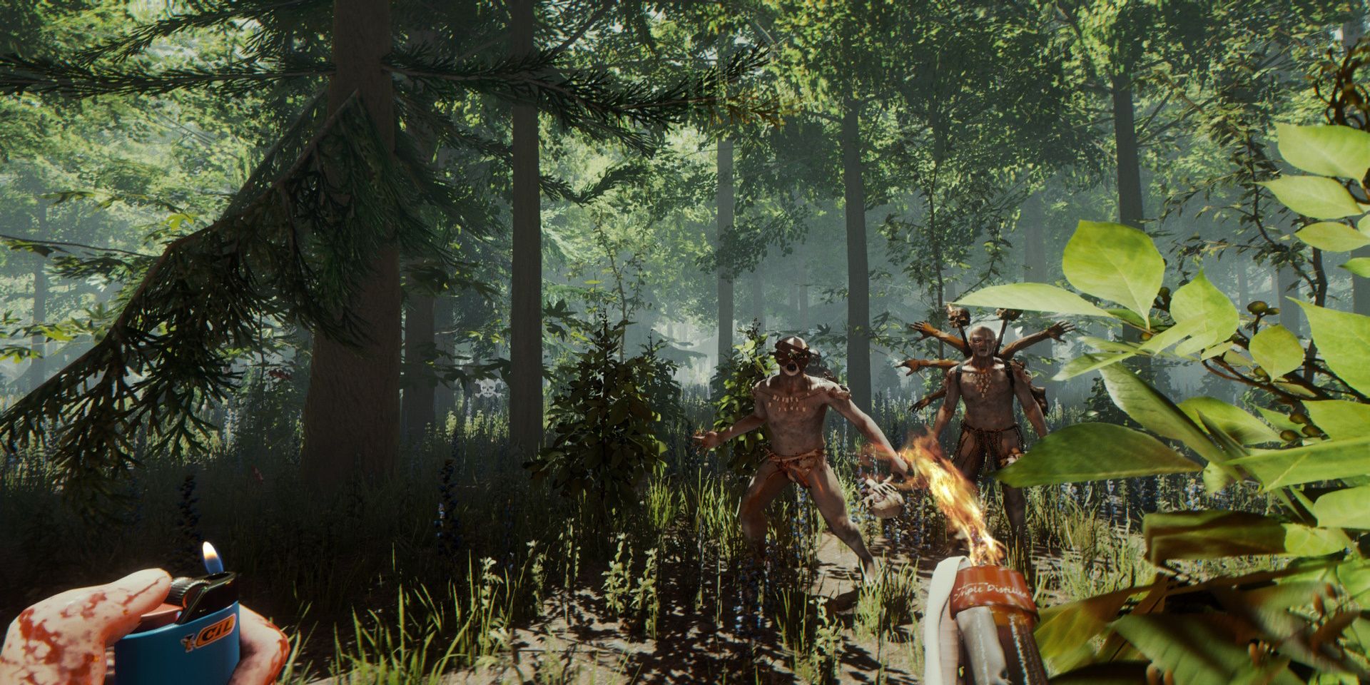 Main character fighting off mutants with lighter in The Forest.