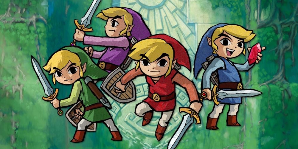 The four Links in The Legend of Zelda: Four Swords holding swords