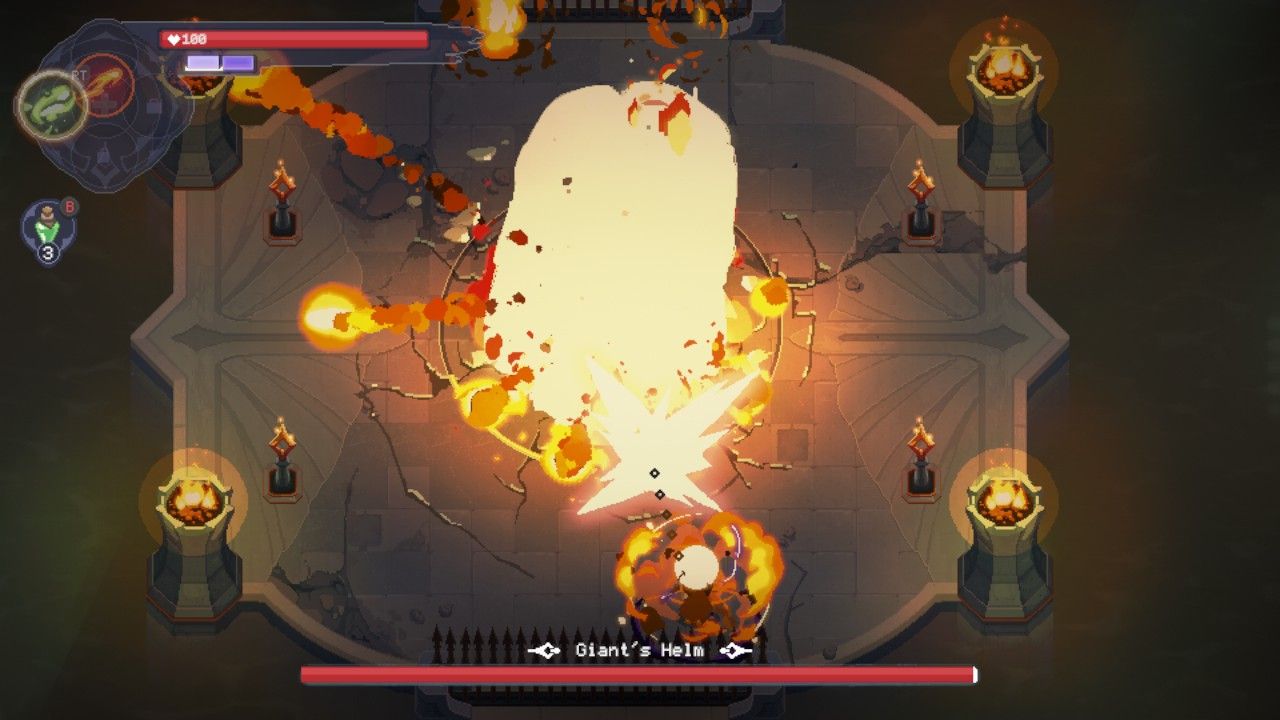 The Giant's Helm uses a fireball attack against Sylas in The Mageseeker: A League Of Legends Story.