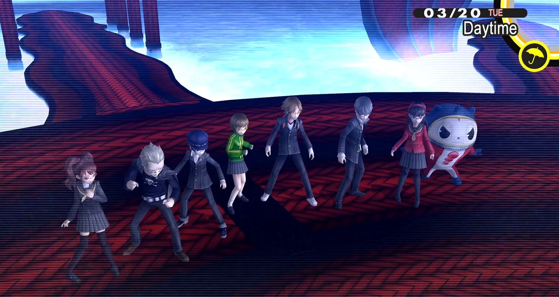 the investigation team in battle poses just before taking on izanami and izanami-no-okami for the final fight of persona 4 golden