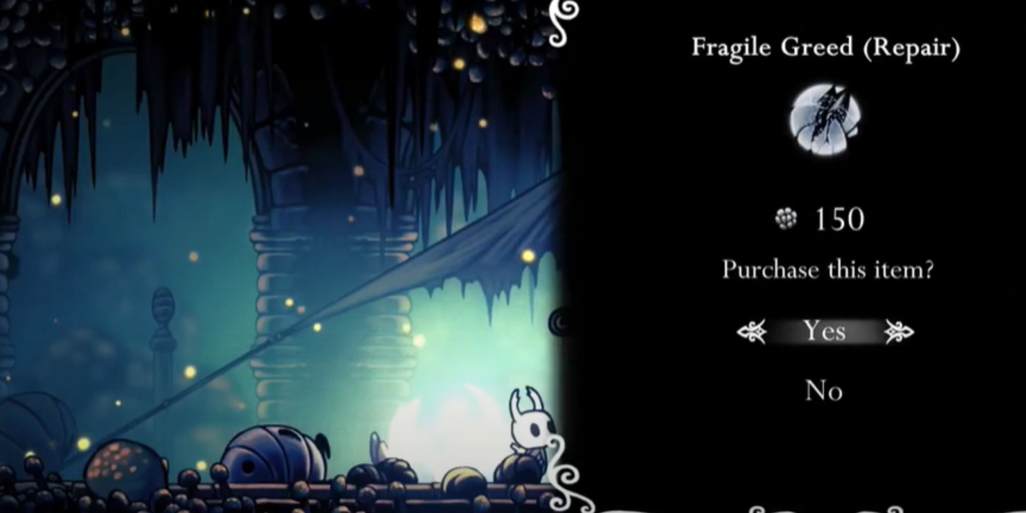 The Knight repairing the Fragile Greed charm in Hollow Knight