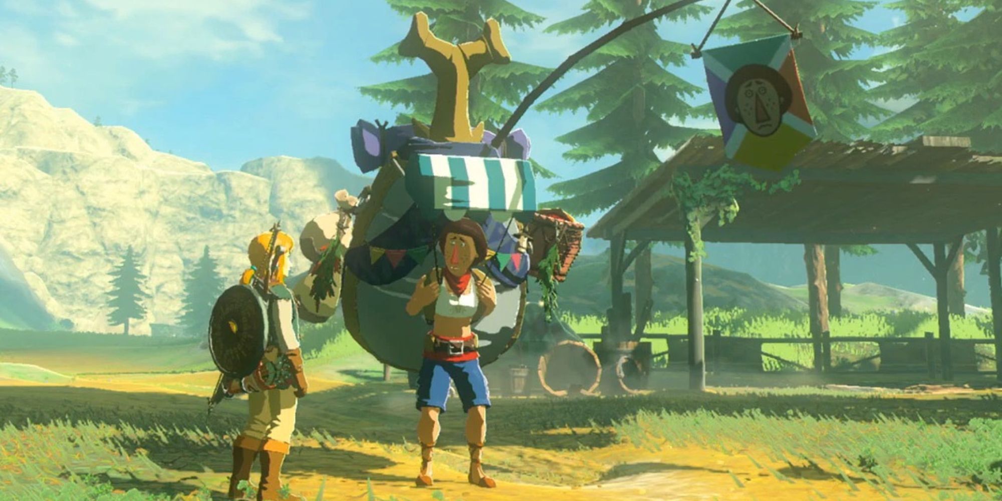 Link looks at Beedle as he walks down a path