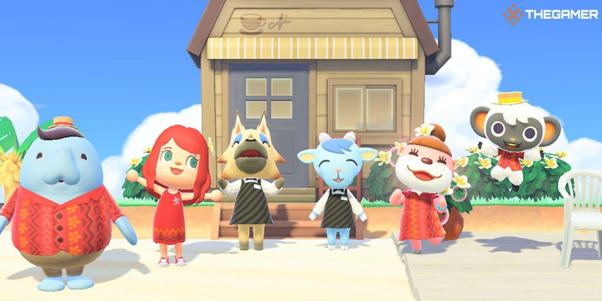 The player character and NPCs outside the cafe in  ACNH Happy Home Paradise