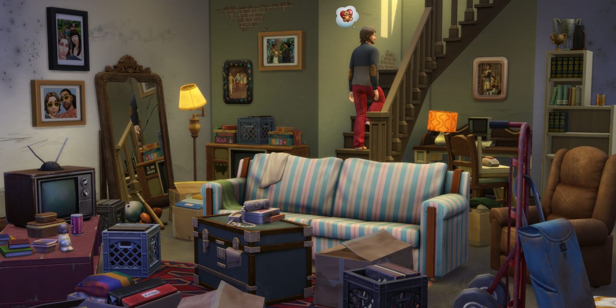 The Sims 4 Basement Treasures official screenshot - sim leaving cluttered basement-1