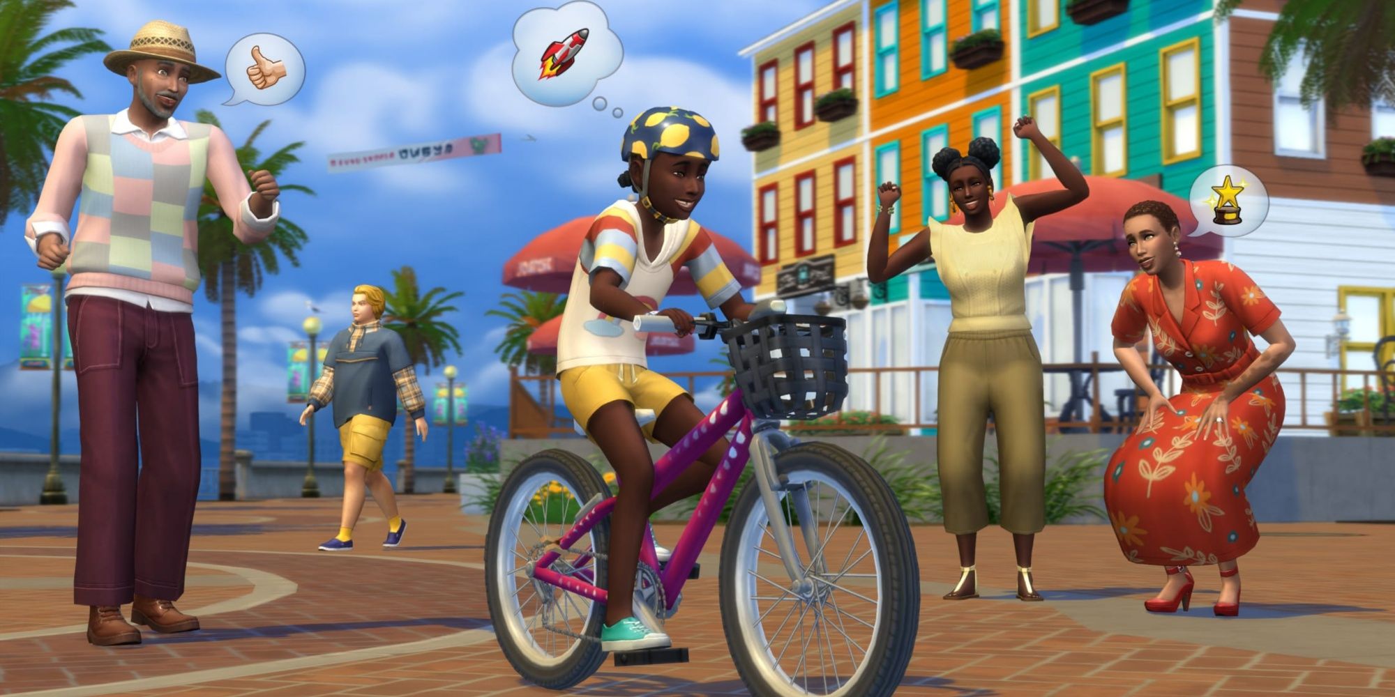 The Sims 4 Growing Together - A child Sim learns to ride a bike while happy family members watch