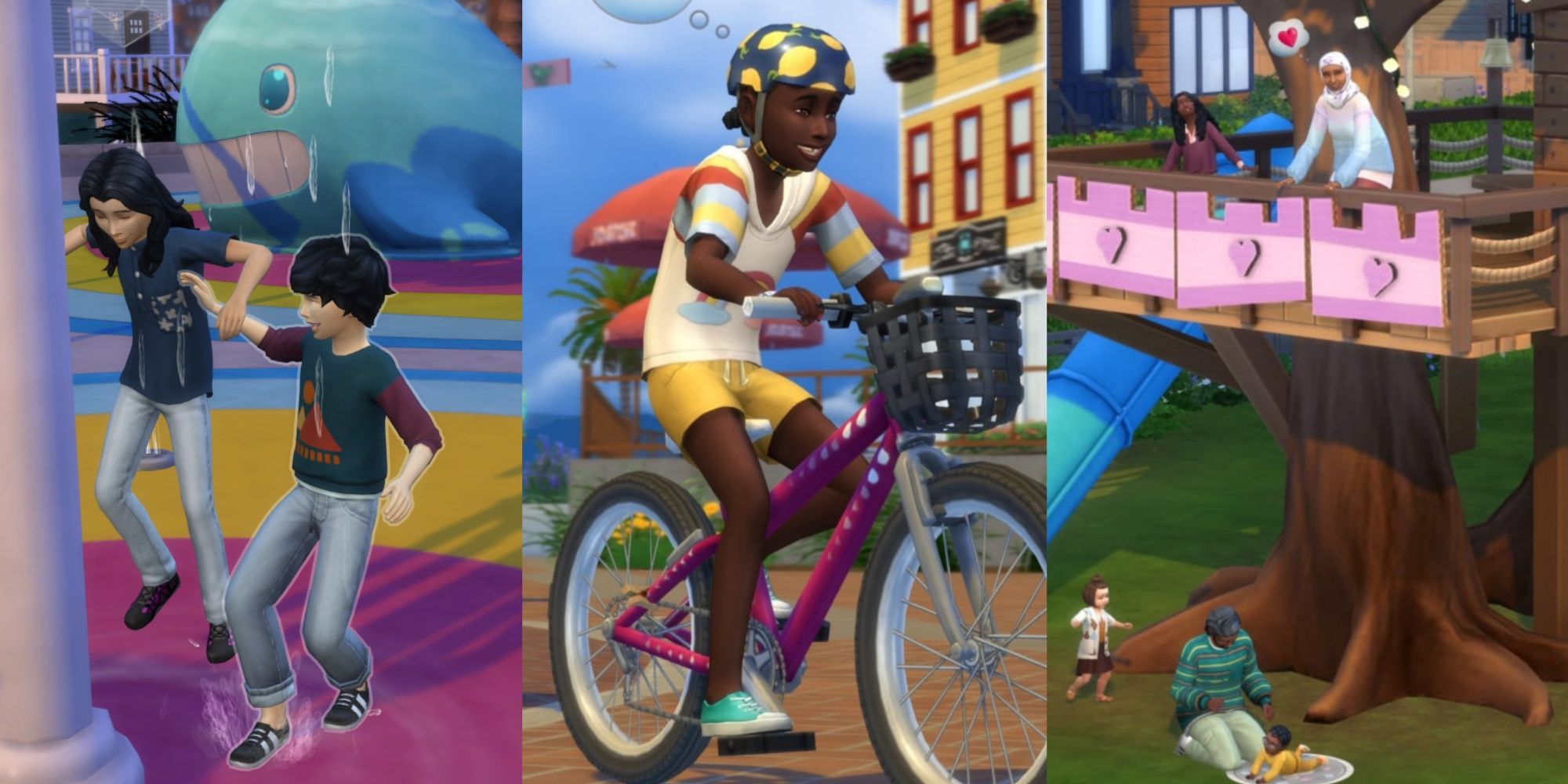 The Sims 4 Growing Together - Collage - Two sim children playing in splash pad on left, sim child learning to ride bike in center, and family in treehouse on right
