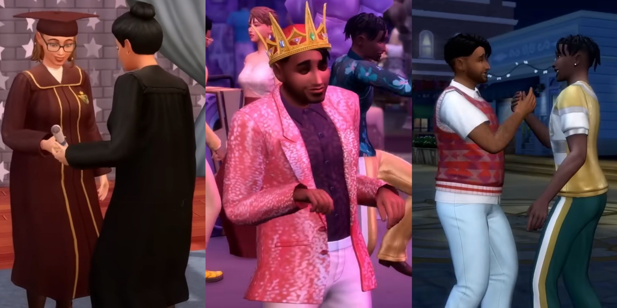 The Sims 4 High School Years - Collage of Milestones - Graduation on left, prom royalty in center, best friends on right