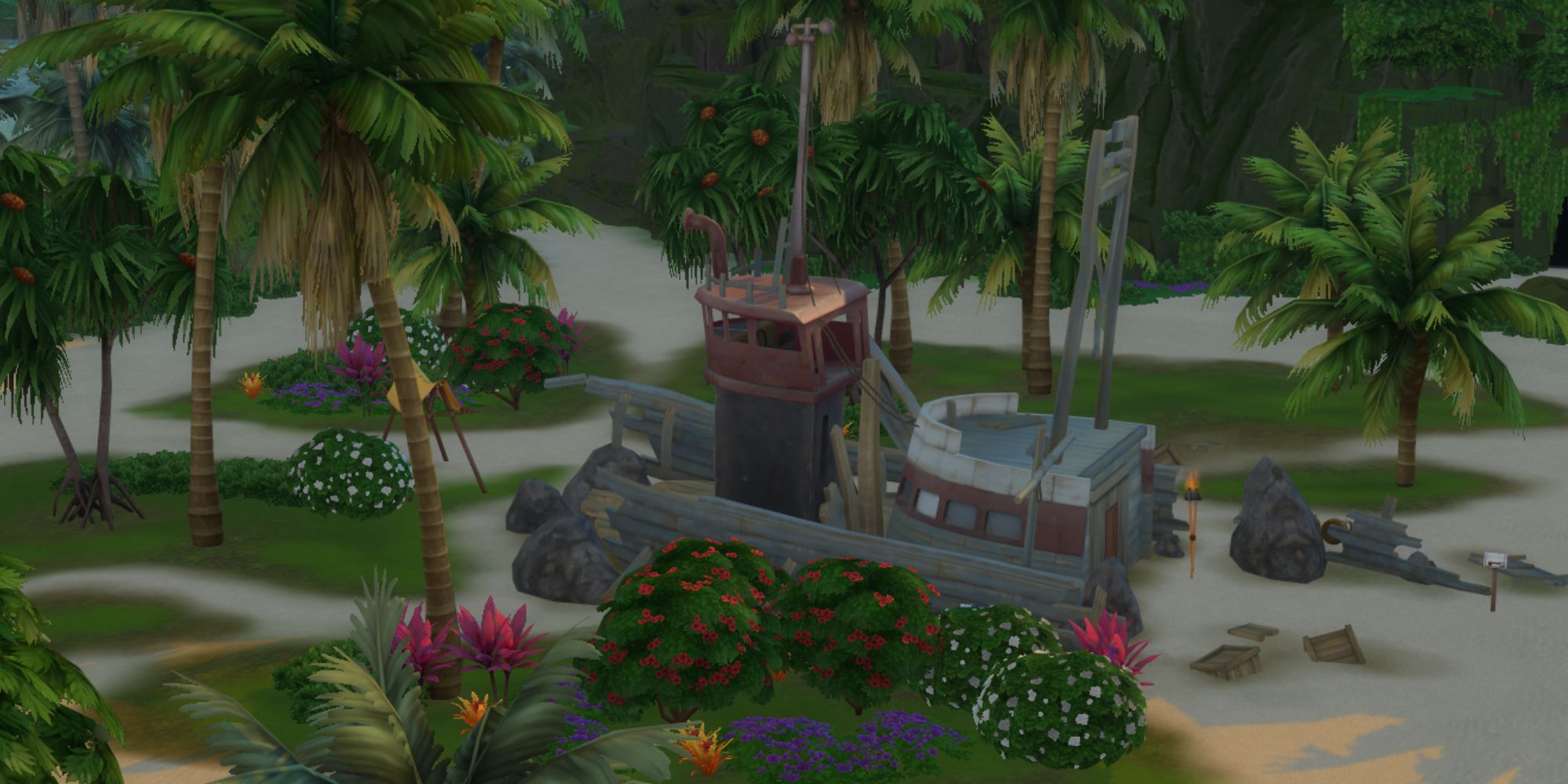The Sims 4 Off The Grid lot in Sulani Shaped like a wrecked ship.