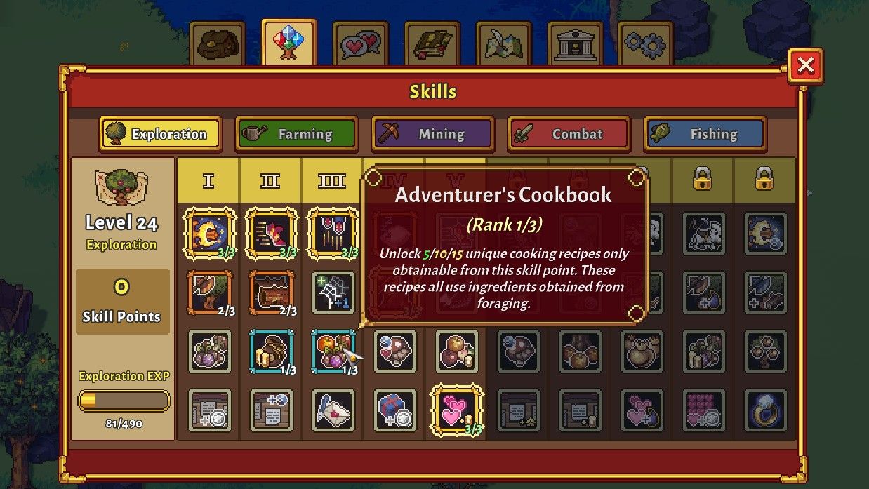 the skill tree with the adventurer's cookbook perk highlighted in sun haven