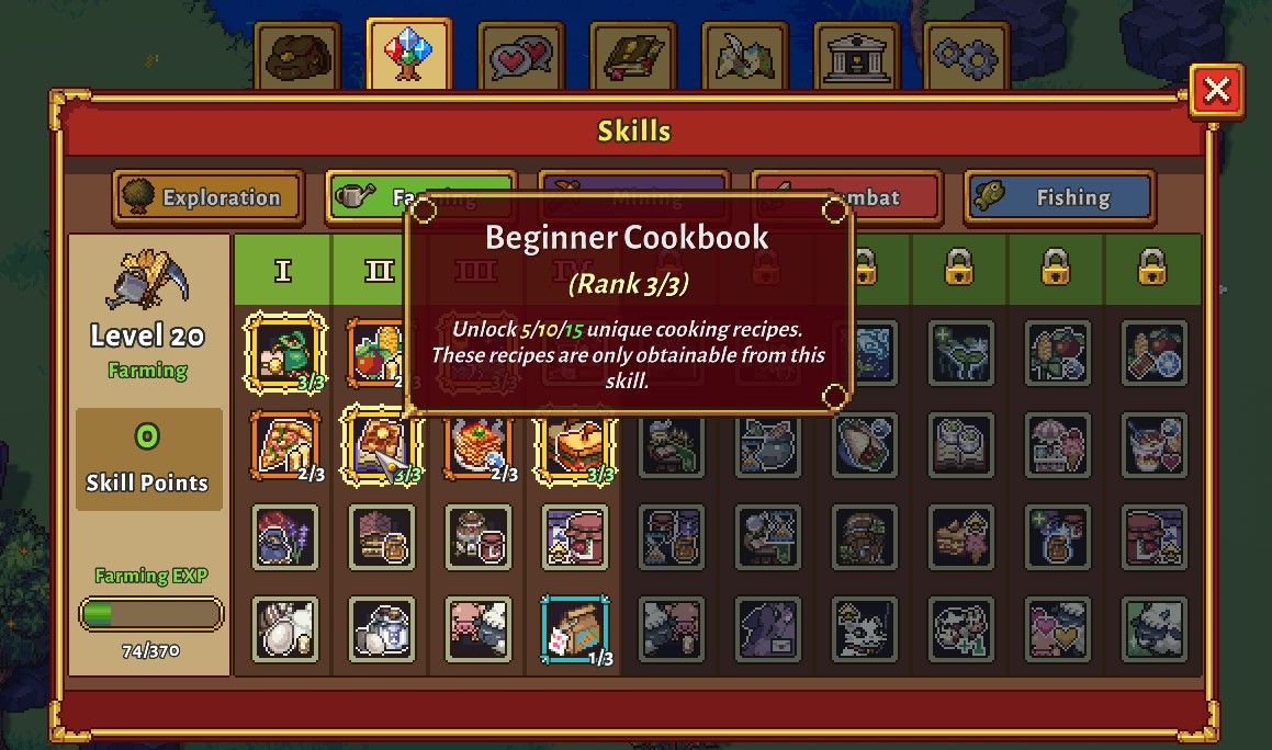 the skill tree with the beginner's cookbook perk highlighted