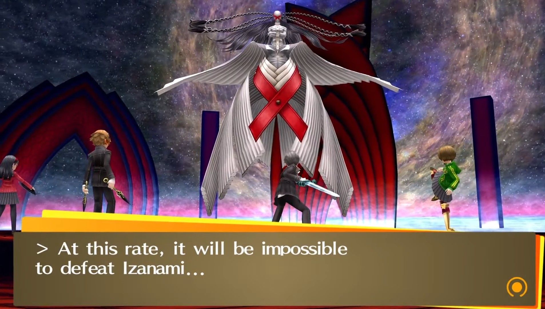 the trigger for the beginning of the second phase of the boss fight in p4g against izanami and izanami-no-okami