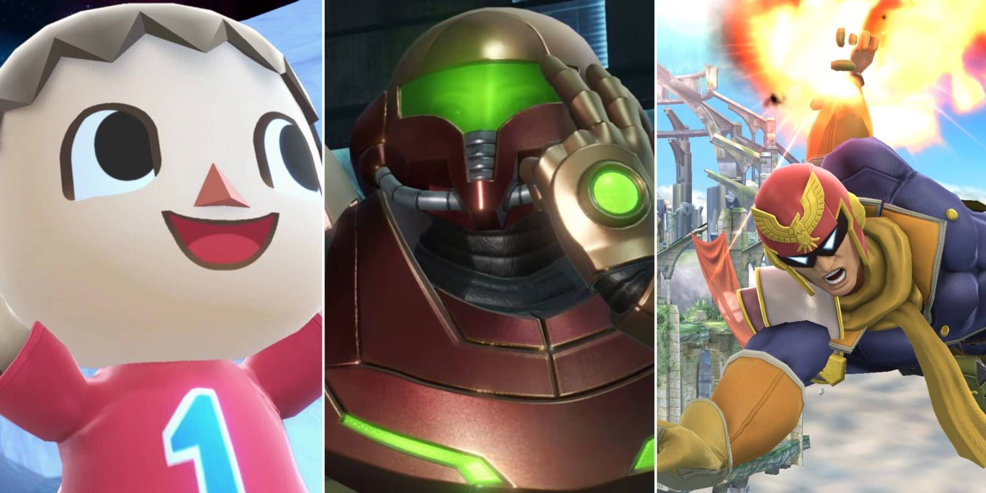 The Villager from Animal Crossing, Samus Aran from Metroid, and Captain Falcon from F-Zero.