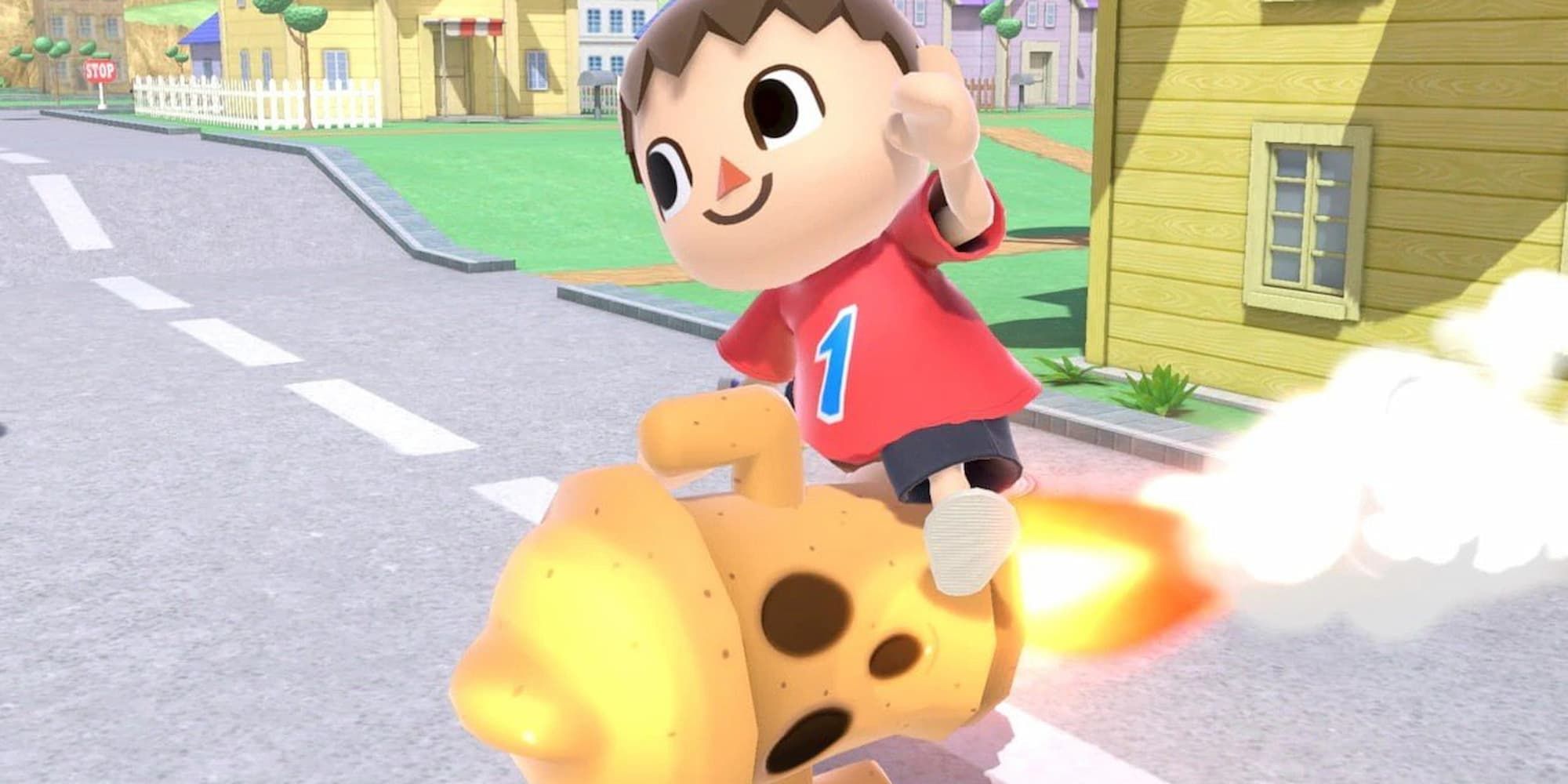 The Villager from Animal Crossing rides on a rocket powered Gyroid in Super Smash Bros.