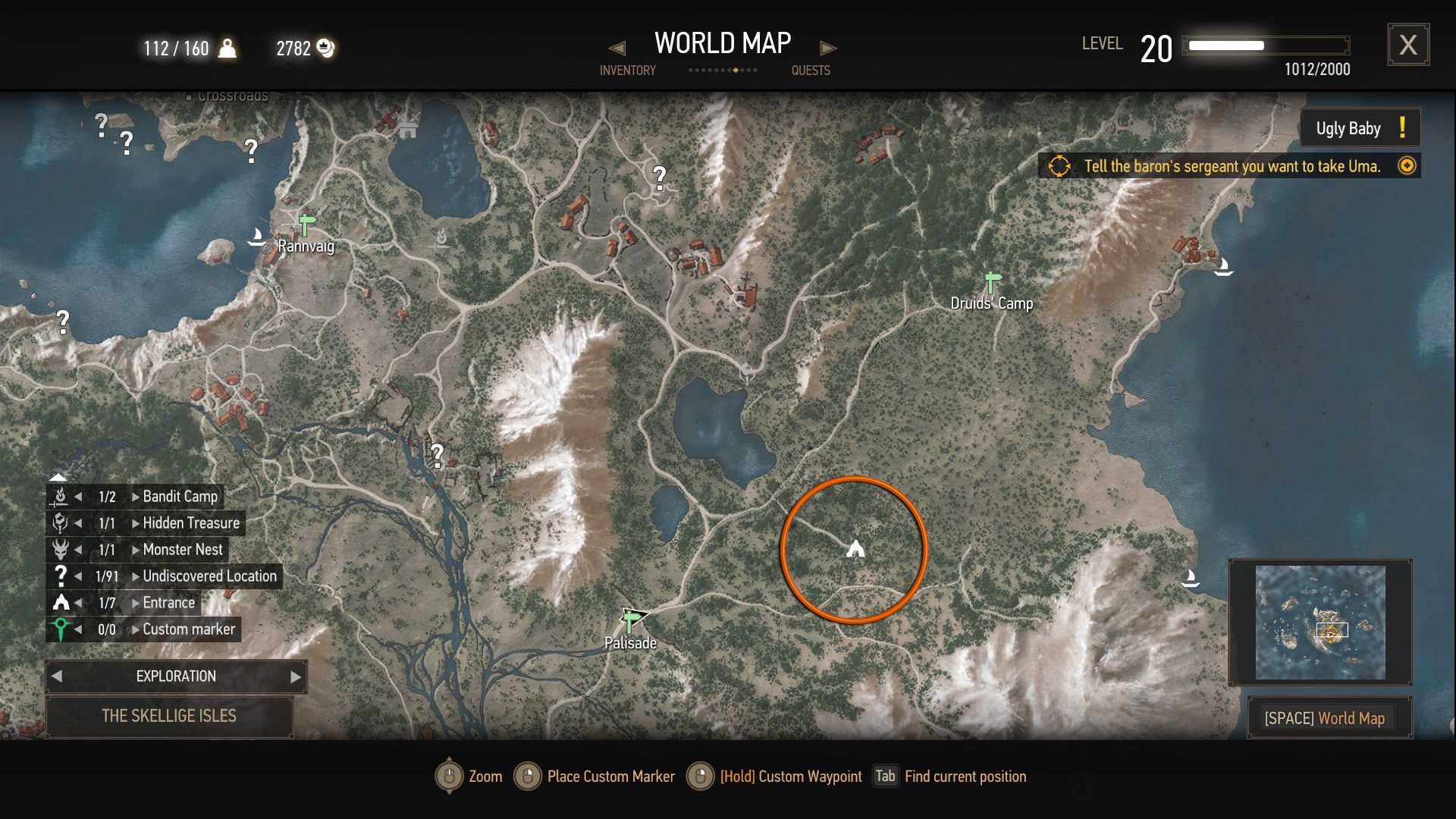 An annotated screenshot of The Witcher 3&rsquo;s map, with an orange circle showing where a quest location is.