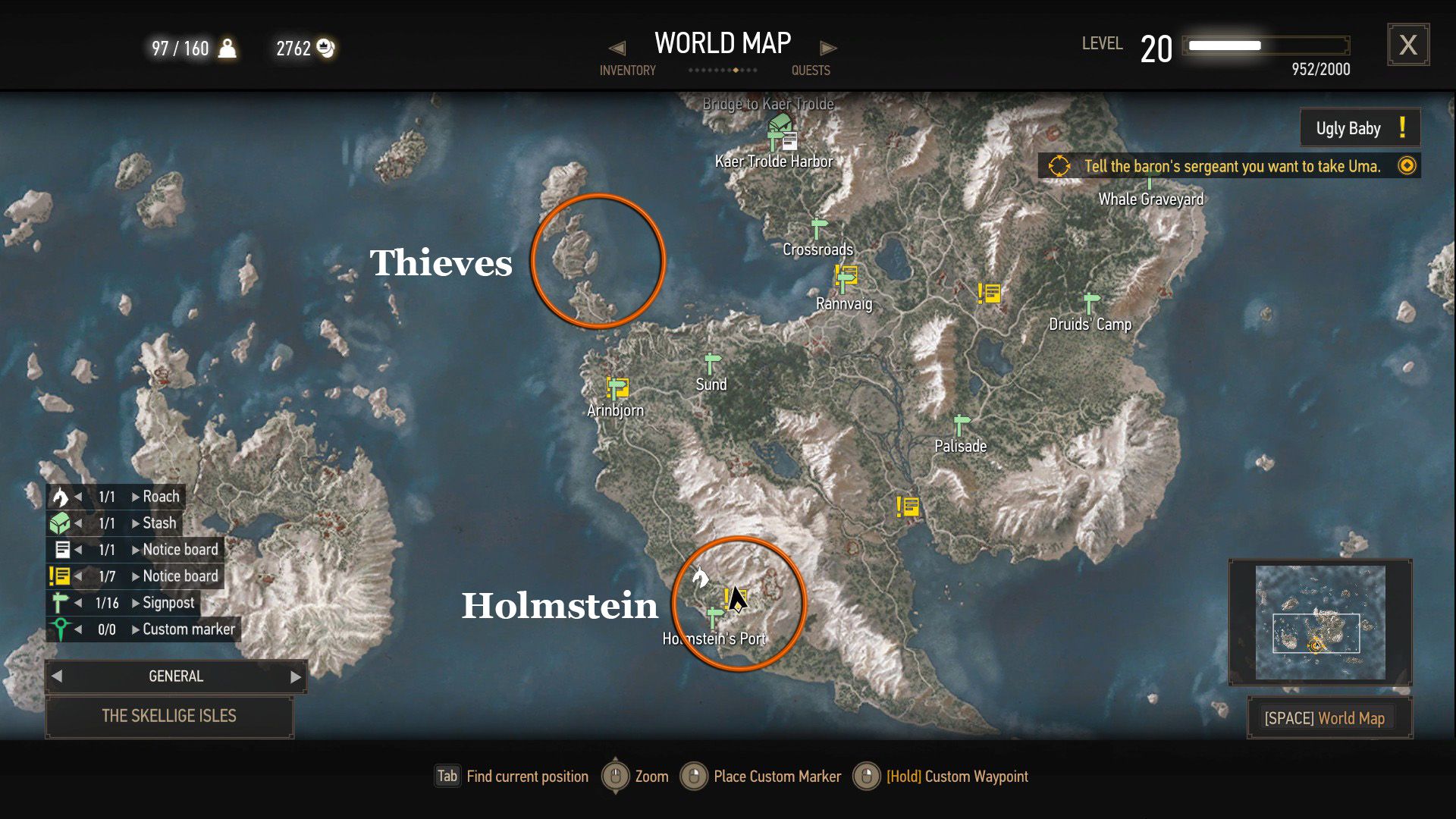 A screenshot of The Witcher 3&rsquo;s map, with a pair of circles indicating where quest objectives are.
