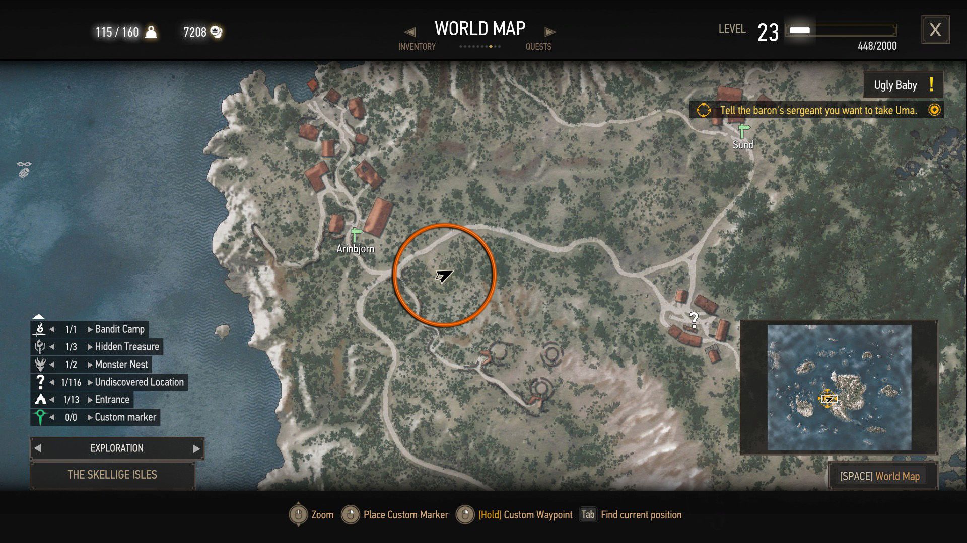 A screenshot from The Witcher 3 showing an orange circle where a quest starts.