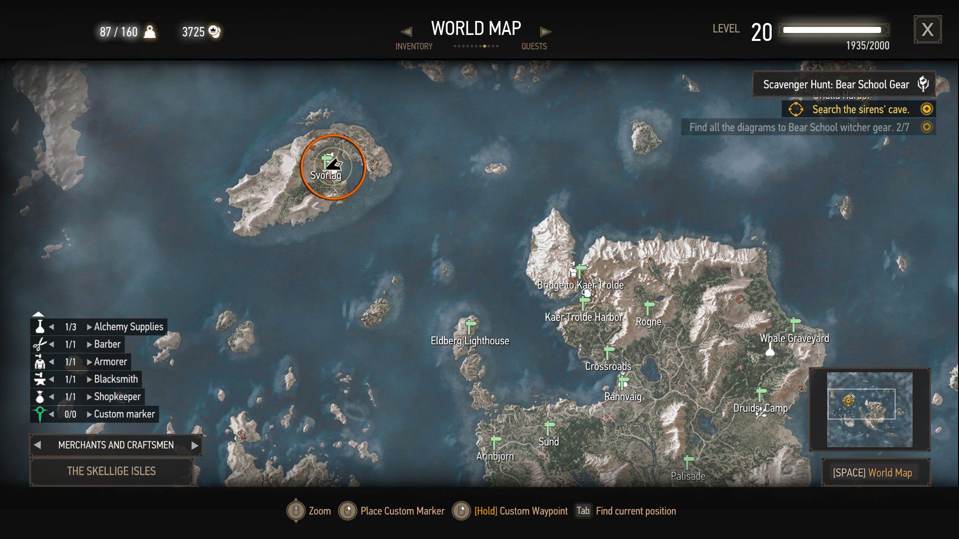 A screenshot of The Witcher 3 map showing the quest location with an orange circle.
