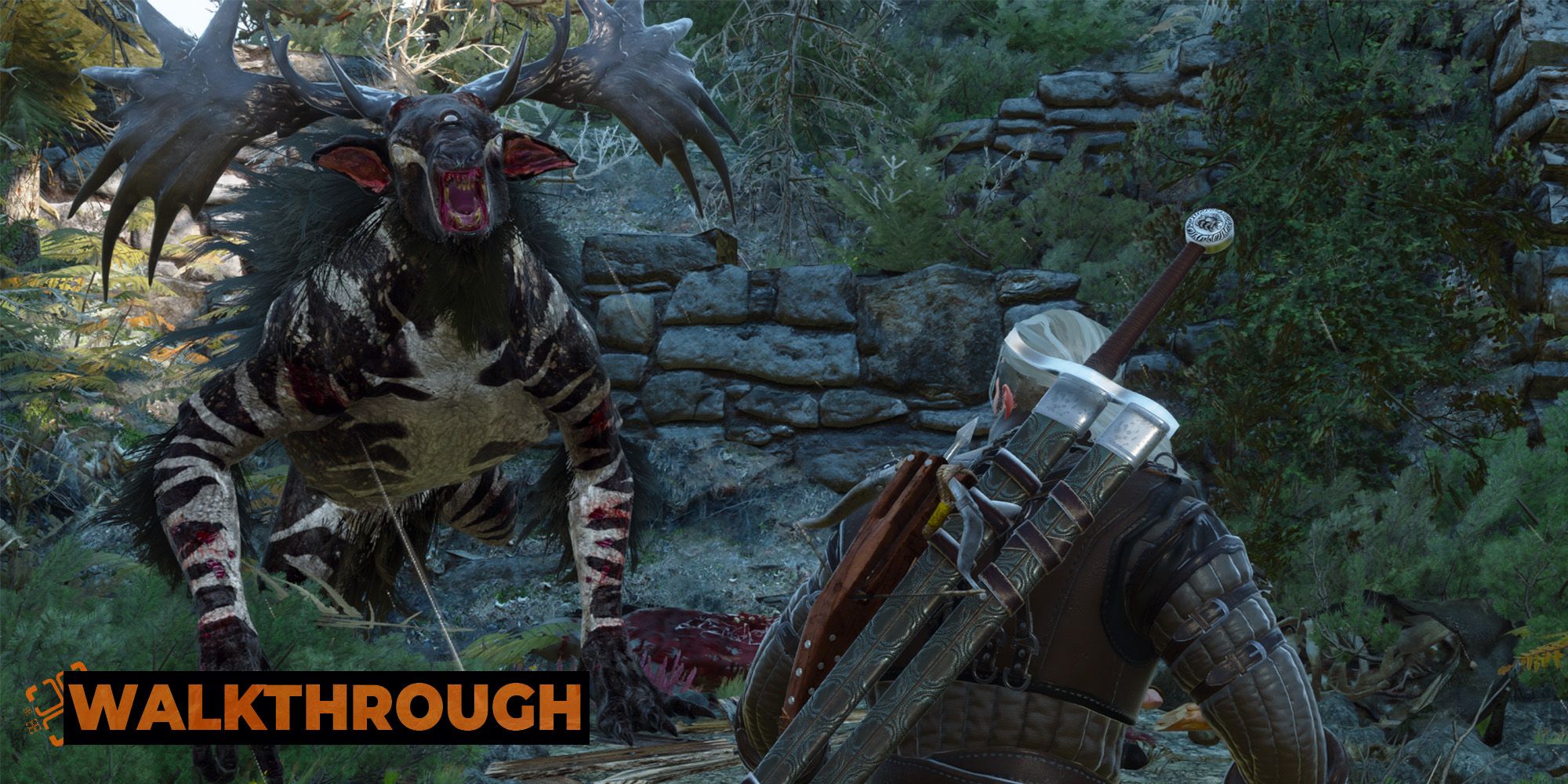 Geralt paces around a Fiend as it roars at him while they fight in a ruined fortress in Skellige.