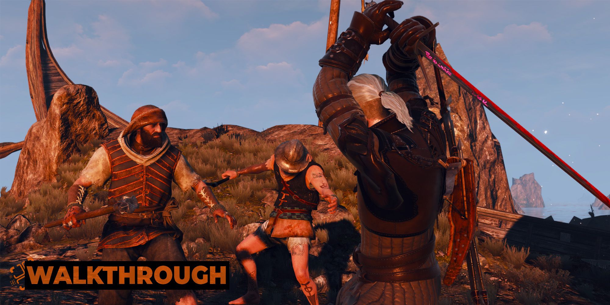 Geralt goes for an overhead swing as he fights a pair of pirates on an island off Skellige in the evening.