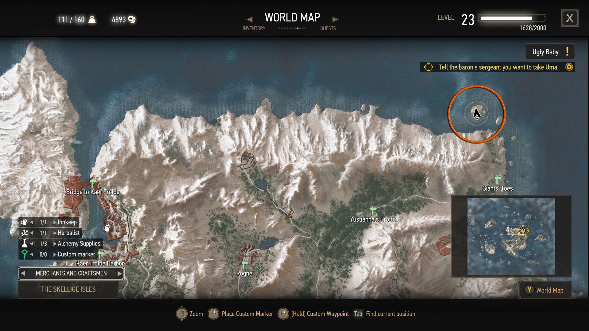 A screenshot of The Witcher 3&rsquo;s map, with an orange circle over an island near Ard Skellig.