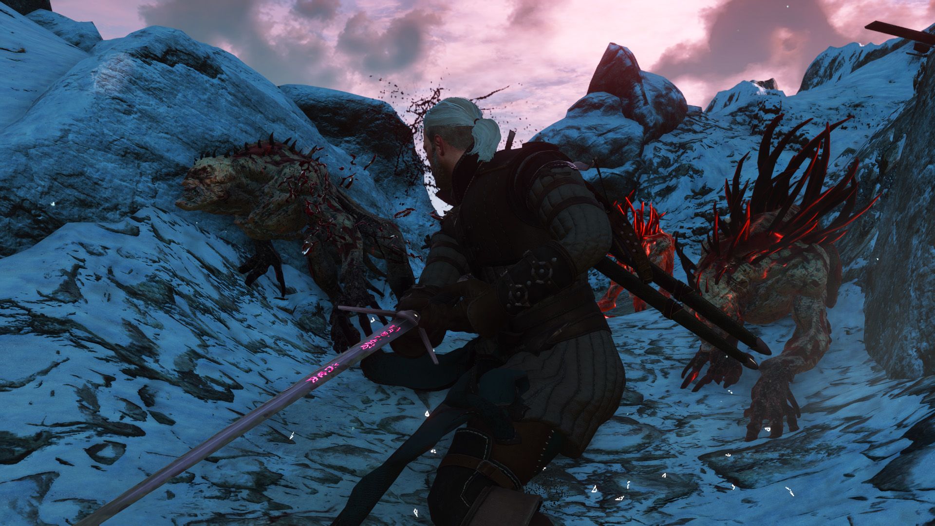 Geralt is fighting a trio of alghouls on a mountain pass, all with spikes sticking out.