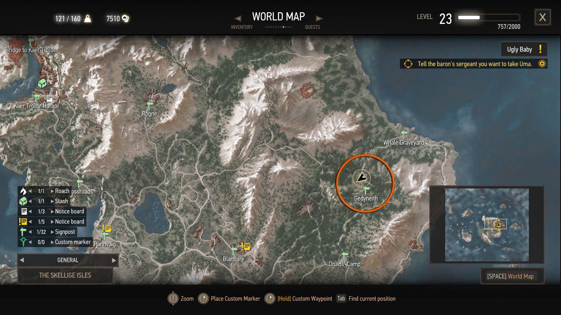 Screenshot of The Witcher 3 map with orange circles over quest locations.