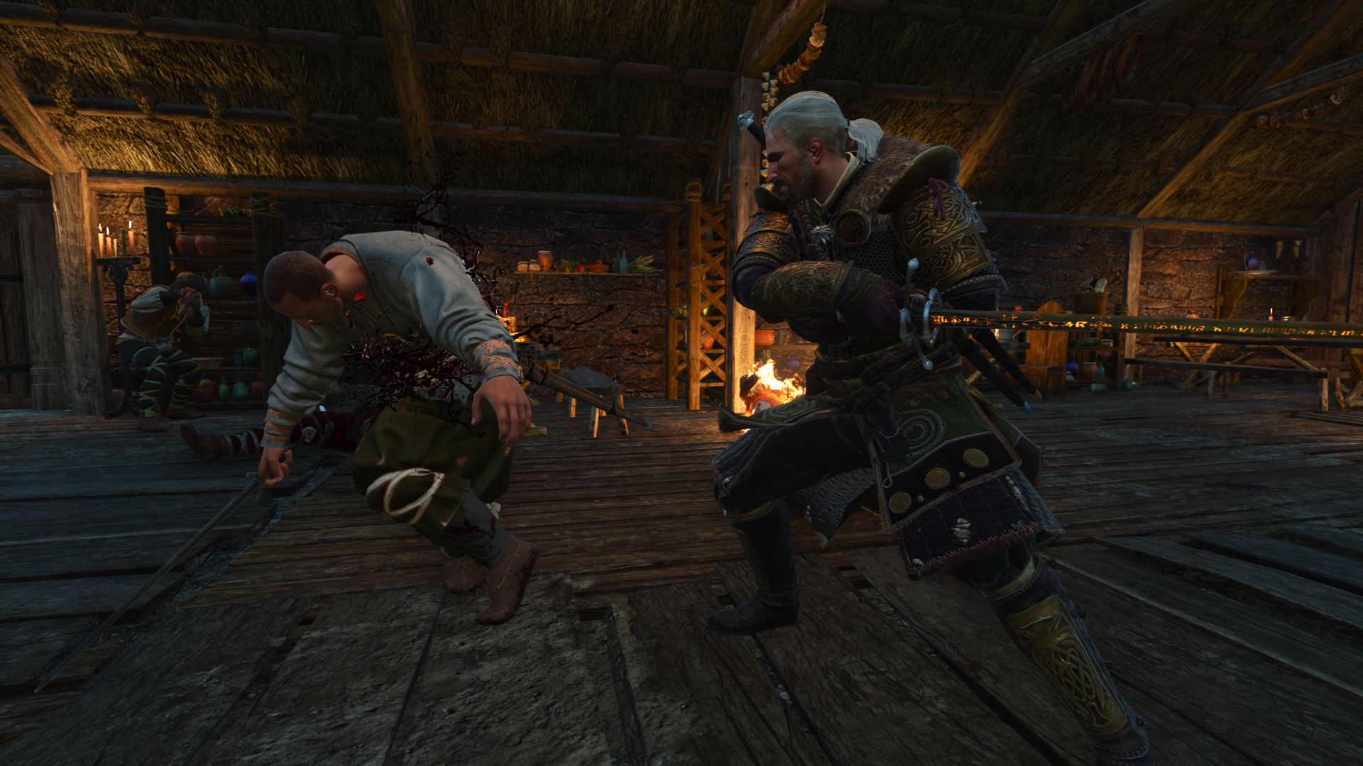 Geralt fights a skelliger thug inside a tavern, cutting him with a sword and sending him reeling.