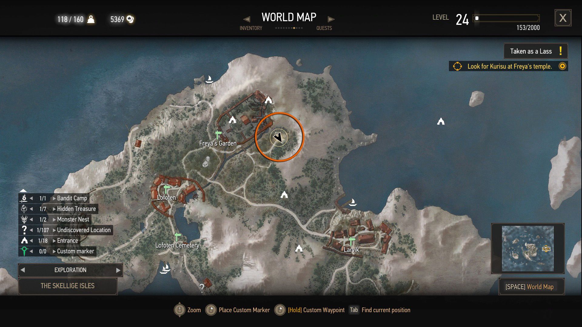 A screenshot of a map of Skellige, with an orange circle over where Kurisu is found.