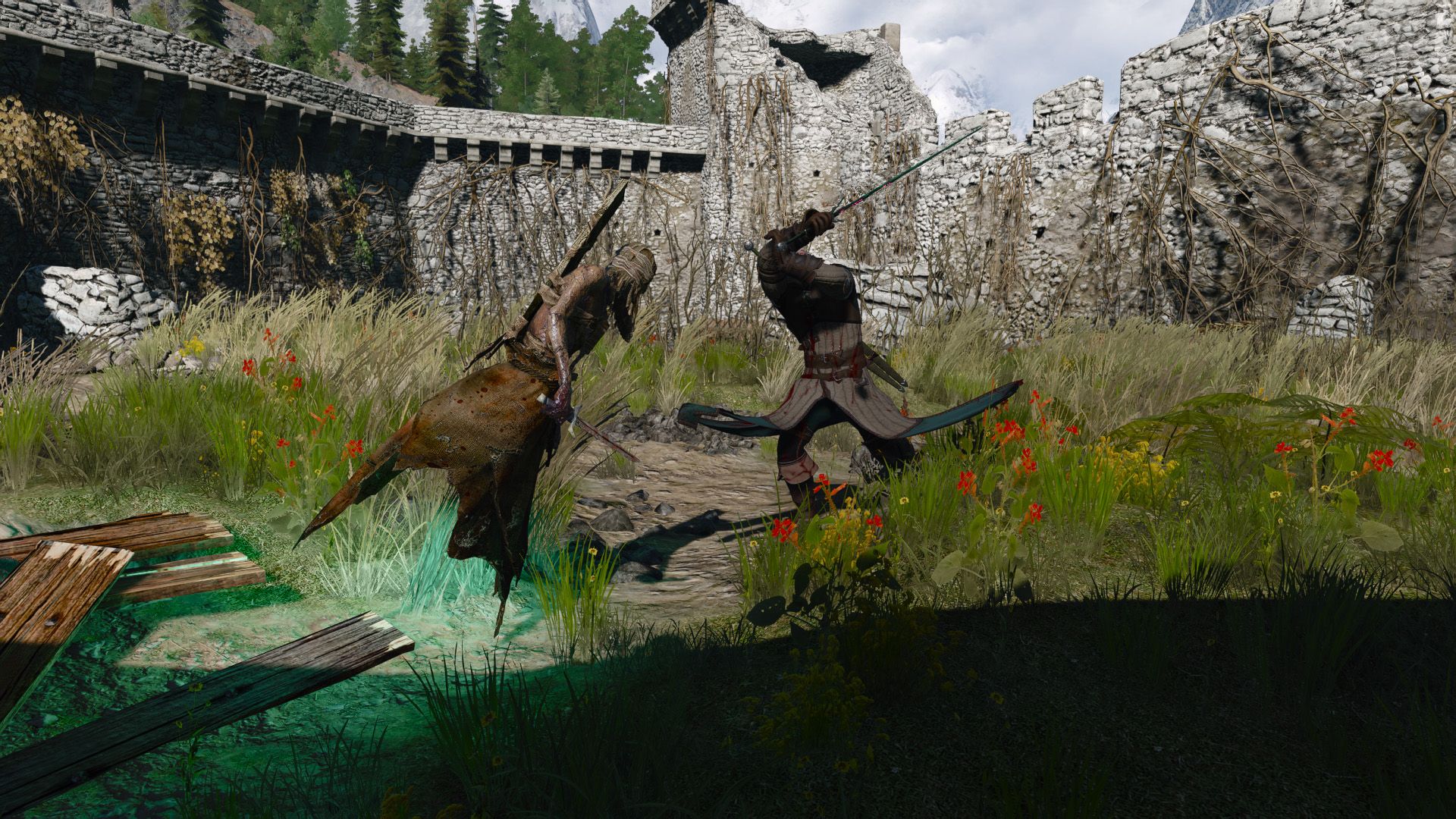 A screenshot of Geralt fighting a wraith in an old castle in The Witcher 3.