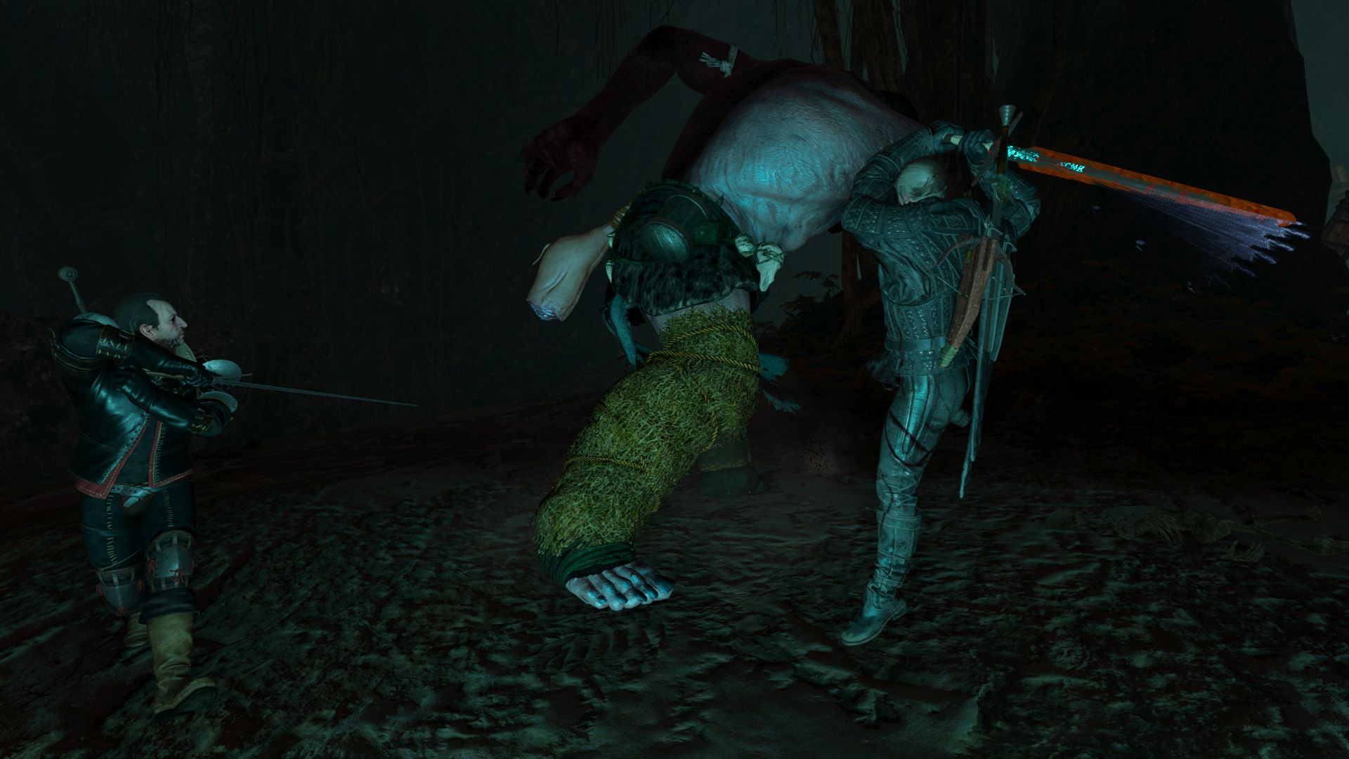 Geralt leaps up to strike a large monster while another witcher circles it, looking for an opening.