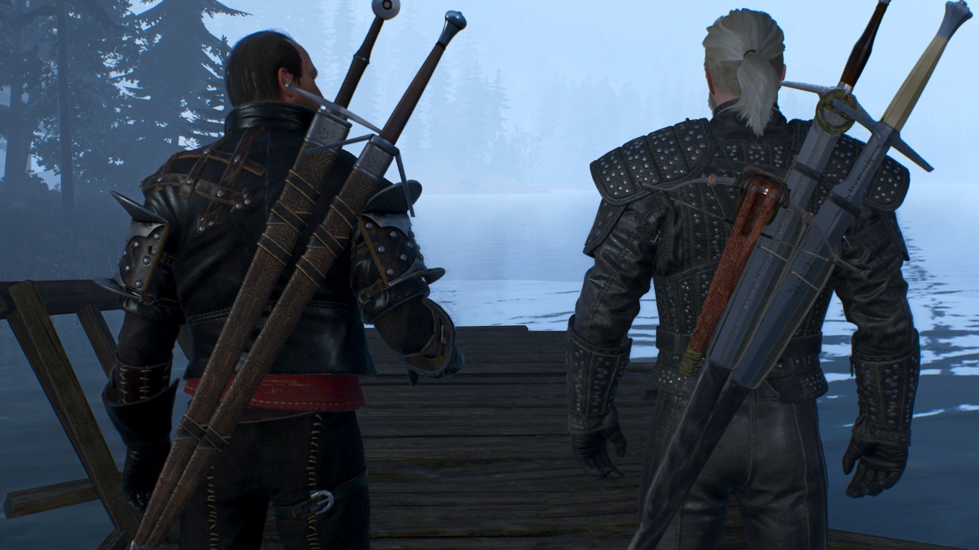 Geralt and Lambert stare at an empty pier by the lake next to Kaer Morhen, where a boat should be.