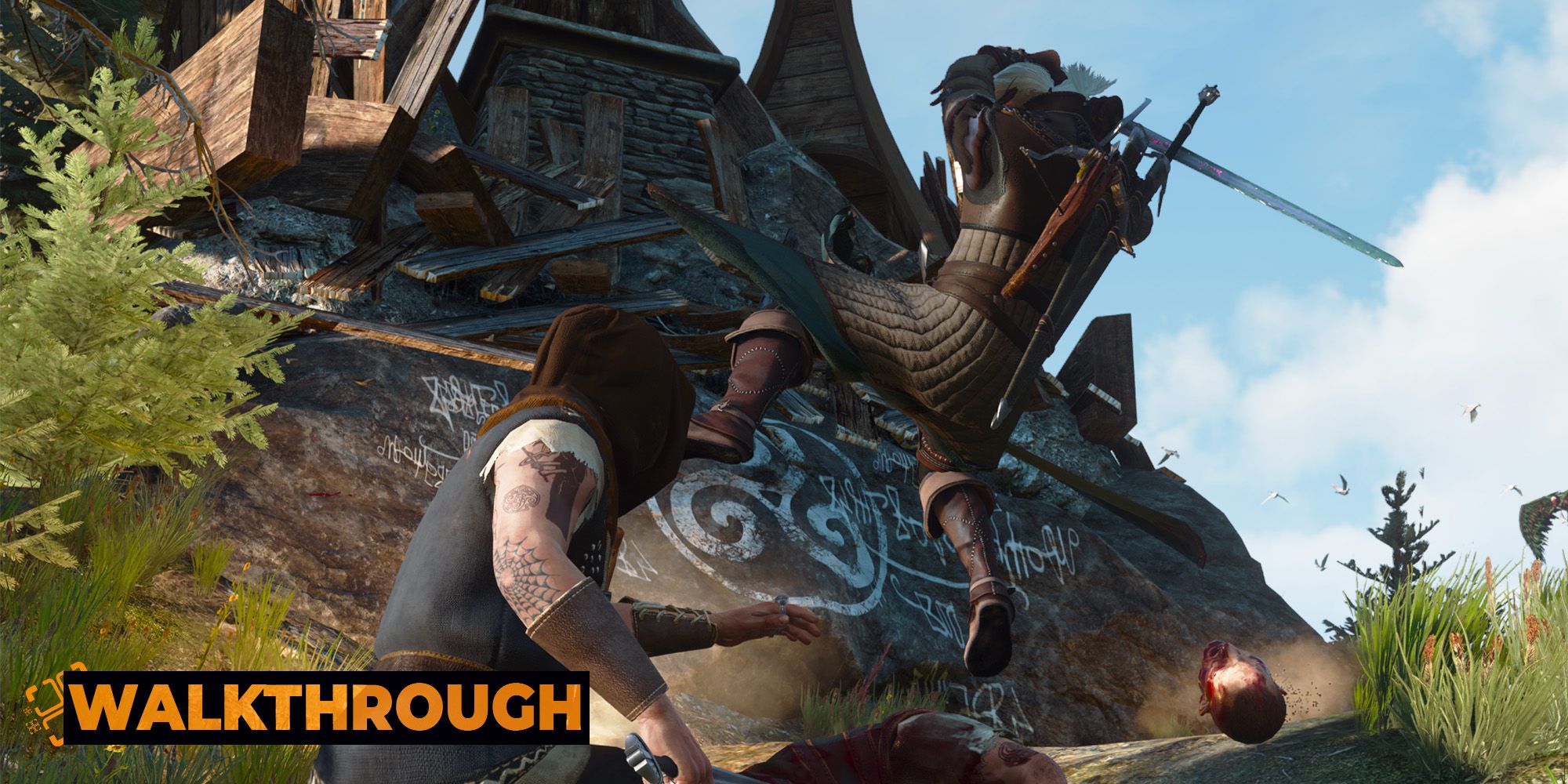 A low angle shot of Geralt leaping into the air to slice at his enemy with a decapitated head rolling behind him.